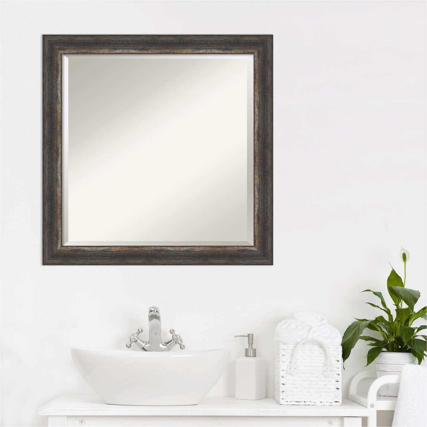 Beveled Bathroom Wall Mirror, Bark Rustic Char Narrow Frame