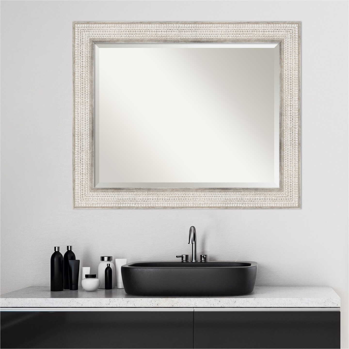 Beveled Wood Bathroom Wall Mirror, Trellis Silver Frame