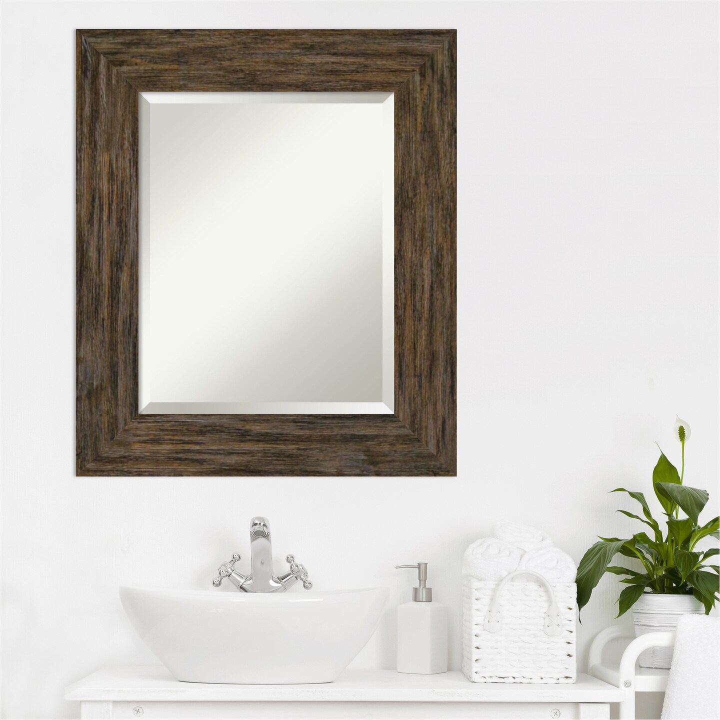 Beveled Wood Bathroom Wall Mirror, Fencepost Frame