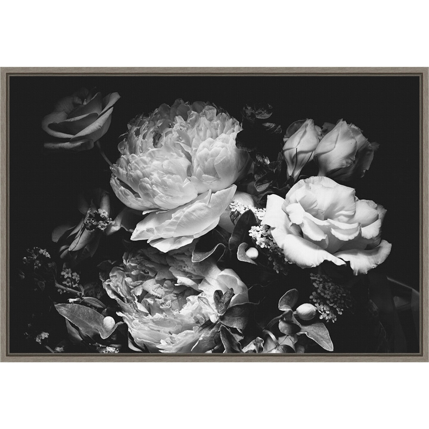 Secret 12 (Floral Black and White) by Design Fabrikken 23-in. W x 16-in. H. Canvas Wall Art Print Framed in Grey