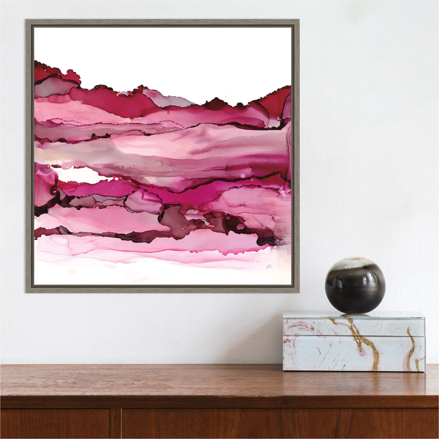 Pink Mountain Landscape II by Chris Paschke 16-in. W x 16-in. H. Canvas Wall Art Print Framed in Grey