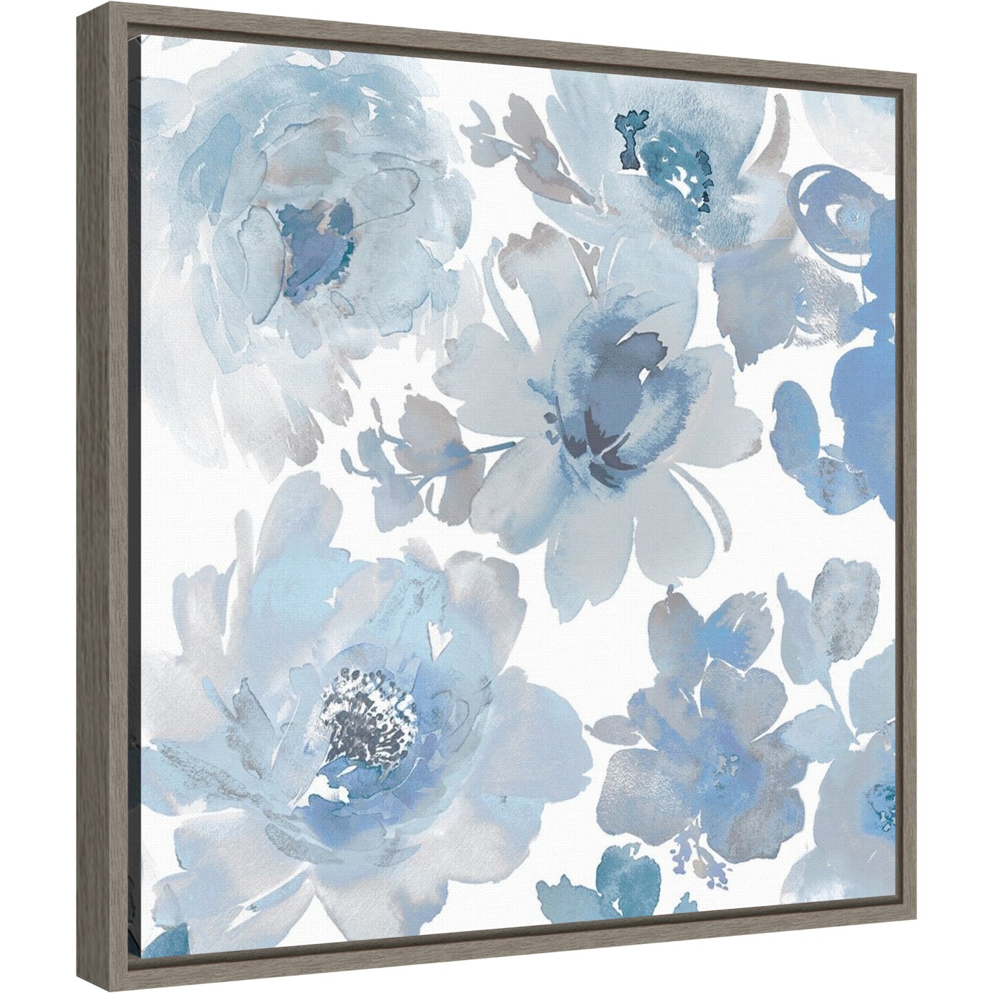 Springtime Blue and Silver Flowers by Kelsey Morris 16-in. W x 16-in. H. Canvas Wall Art Print Framed in Grey