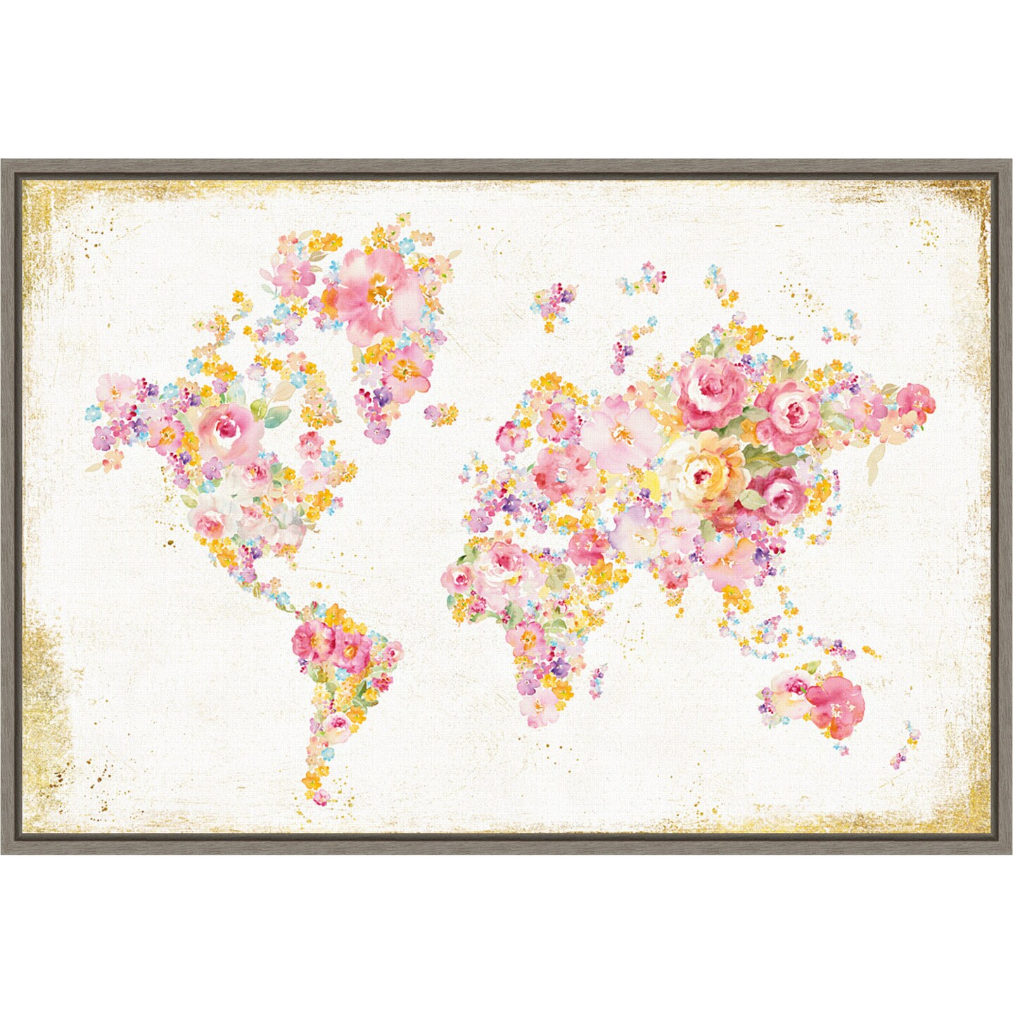 Midsummer World Map by Danhui Nai 23-in. W x 16-in. H. Canvas Wall Art Print Framed in Grey
