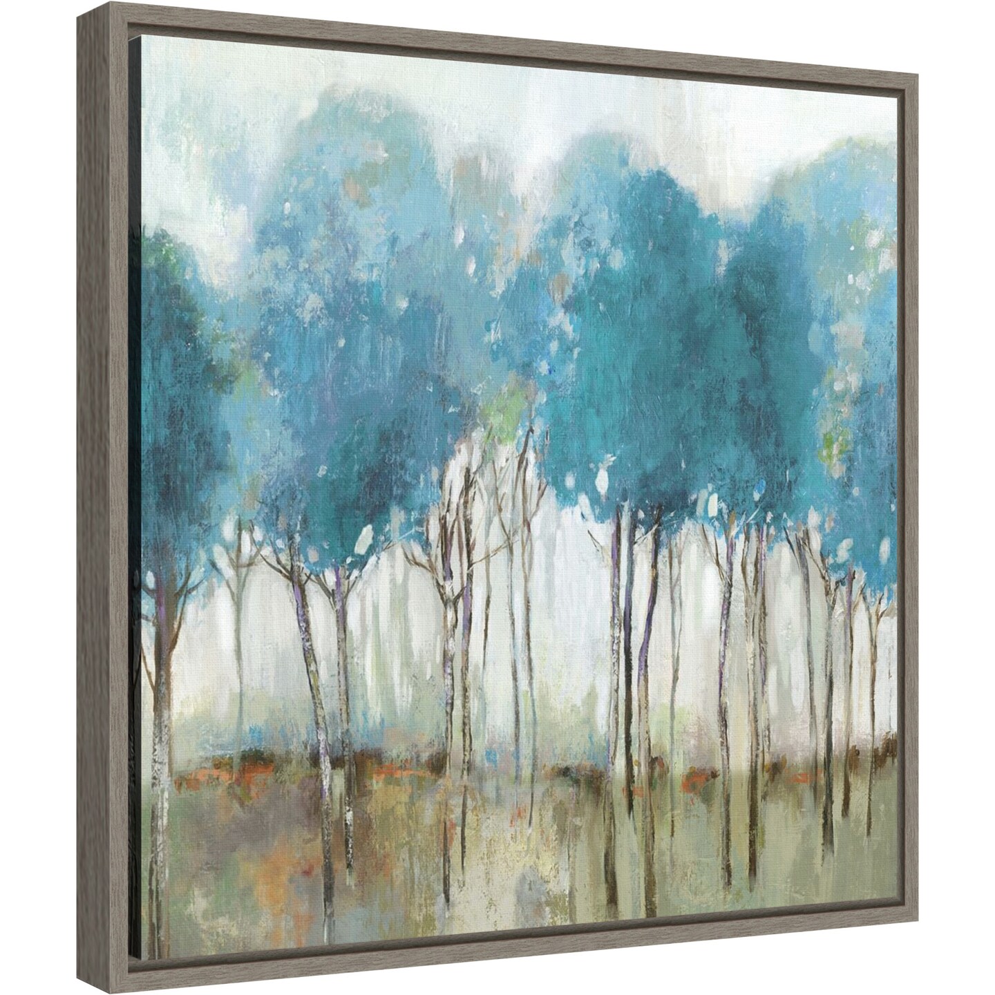 Misty Meadow I (Teal Trees) by Allison Pearce 16-in. W x 16-in. H. Canvas Wall Art Print Framed in Grey