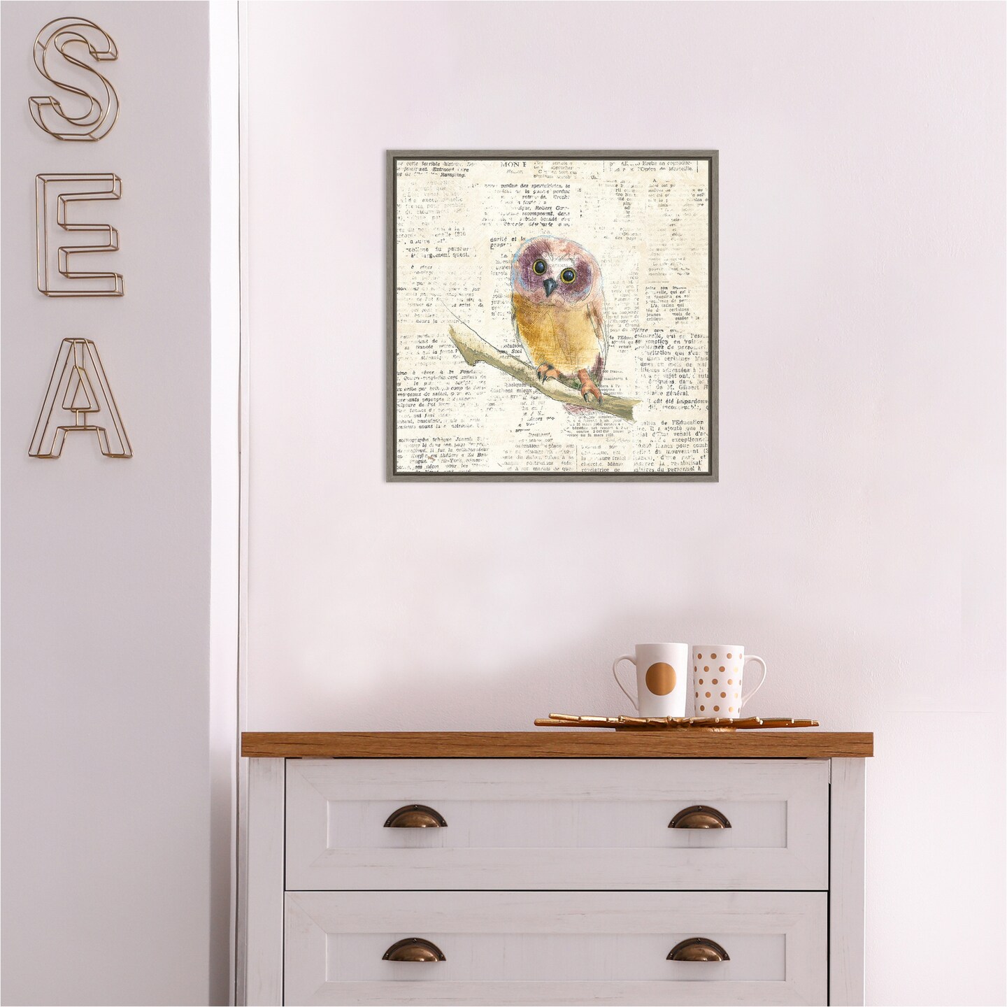 Into the Woods II no Border (Owl) by Emily Adams 16-in. W x 16-in. H. Canvas Wall Art Print Framed in Grey