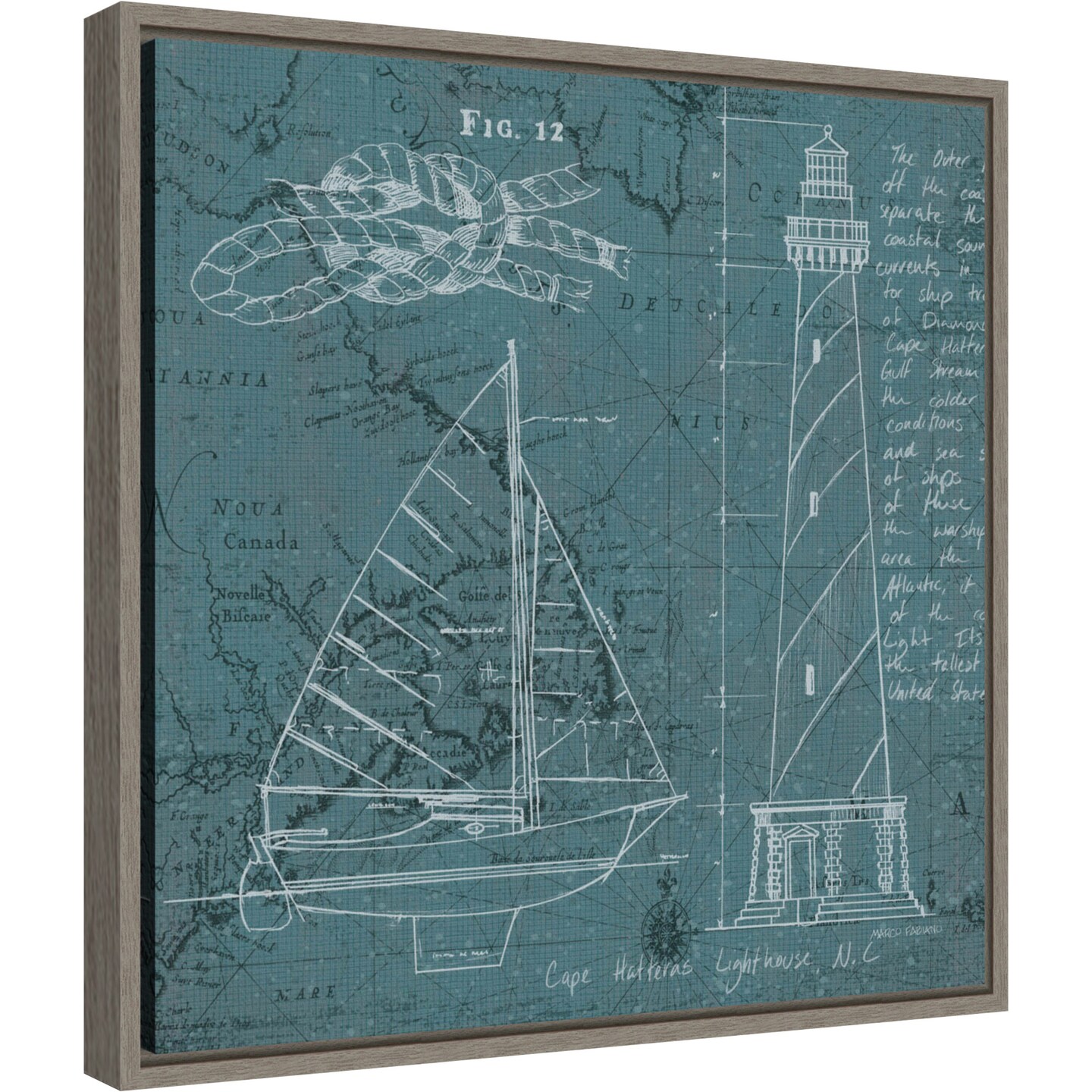 Coastal Blueprint III by Marco Fabiano 16-in. W x 16-in. H. Canvas Wall Art Print Framed in Grey