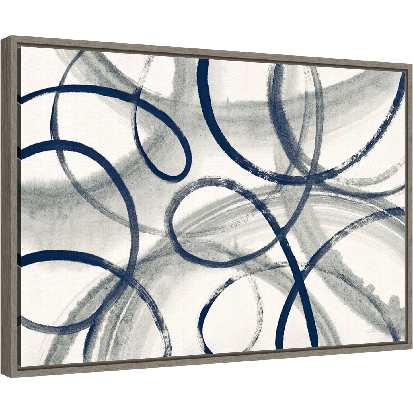 Calligraphia with Navy by Sue Schlabach 23-in. W x 16-in. H. Canvas Wall Art Print Framed in Grey