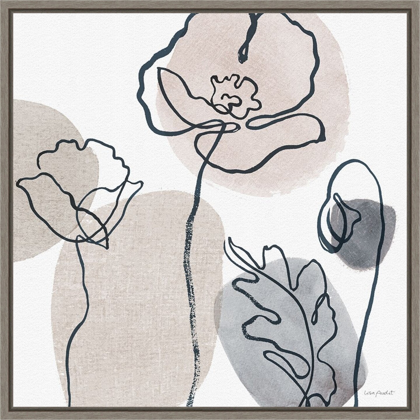 Think Neutral 02A (Floral) by Lisa Audit 16-in. W x 16-in. H. Canvas Wall Art Print Framed in Grey