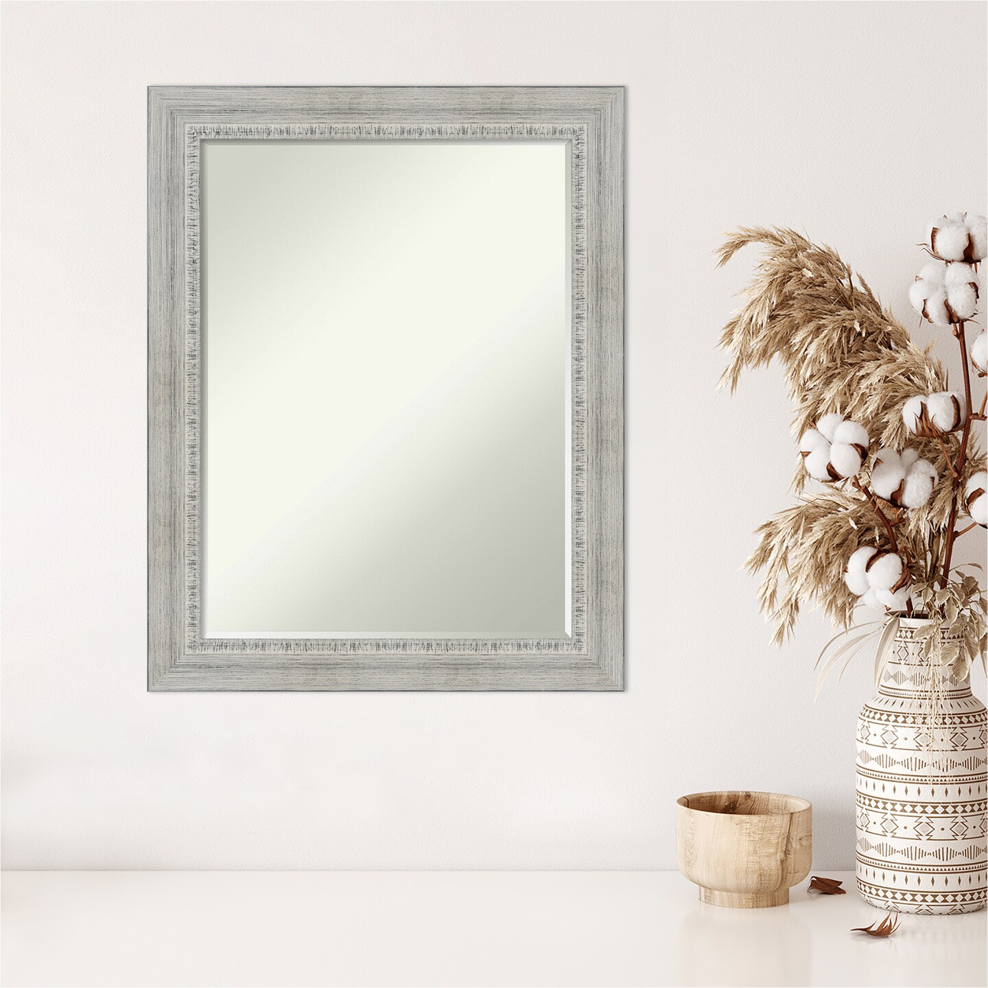 Petite Bevel Wood Wall Mirror, Rustic White Wash Frame