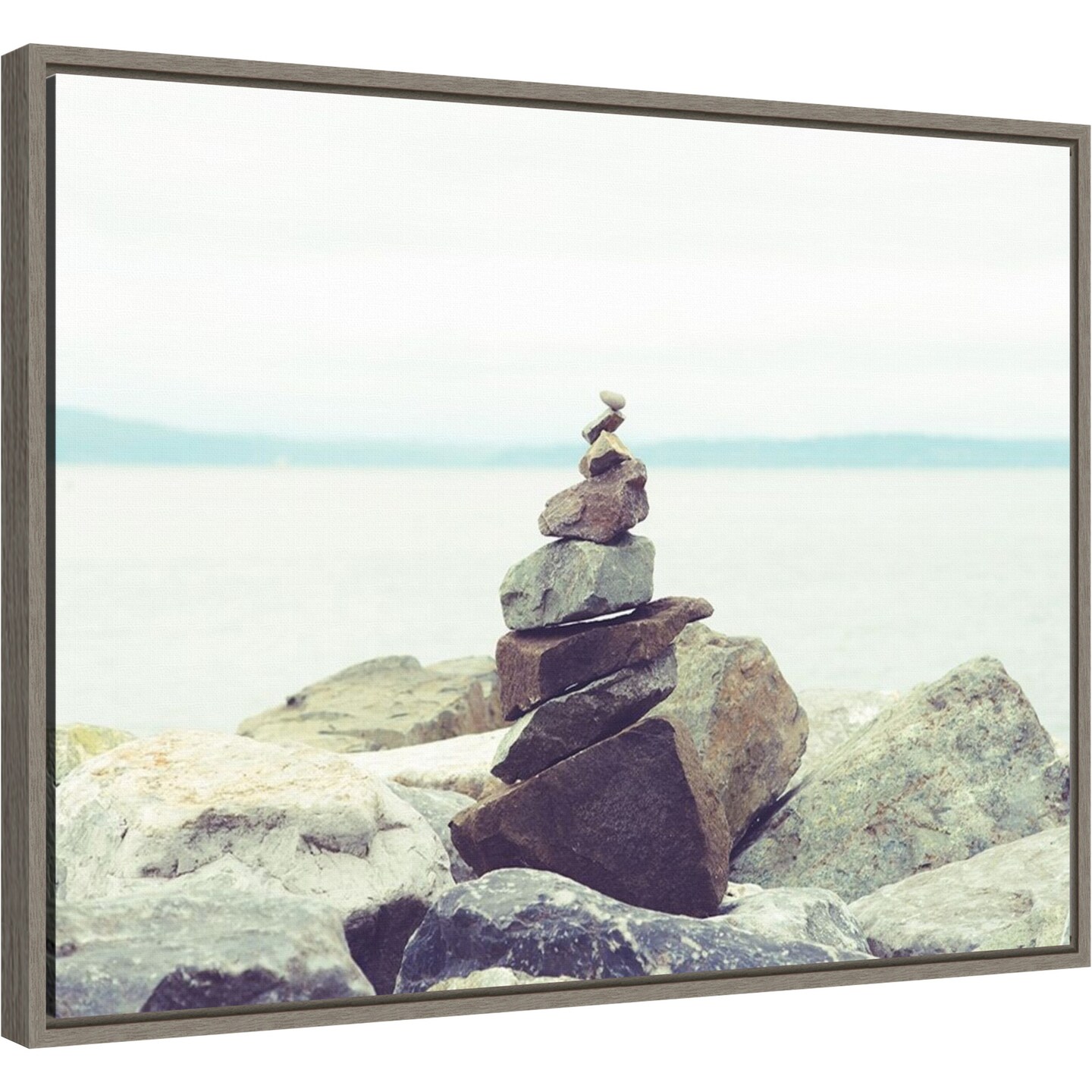 Bay Rocks and Beach II by Sonja Quintero 24-in. W x 18-in. H. Canvas Wall Art Print Framed in Grey