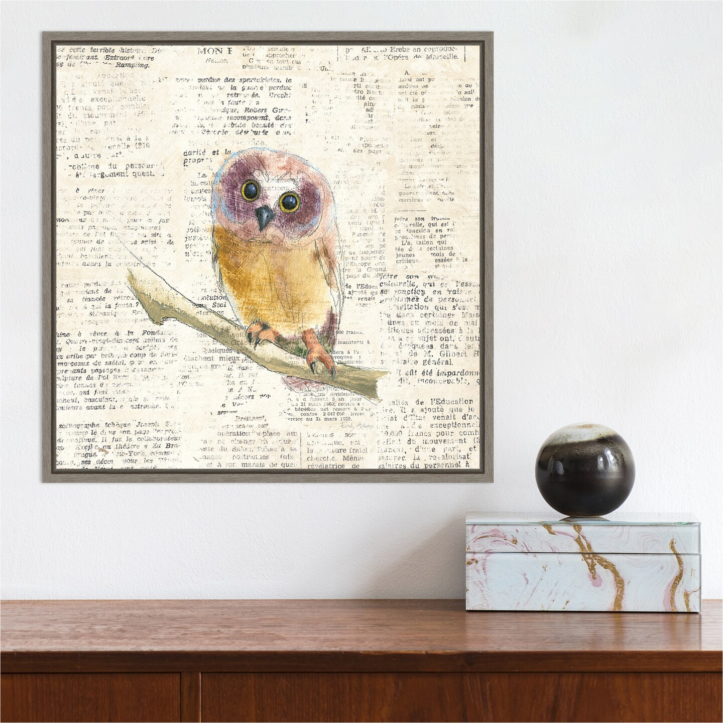 Into the Woods II no Border (Owl) by Emily Adams 16-in. W x 16-in. H. Canvas Wall Art Print Framed in Grey