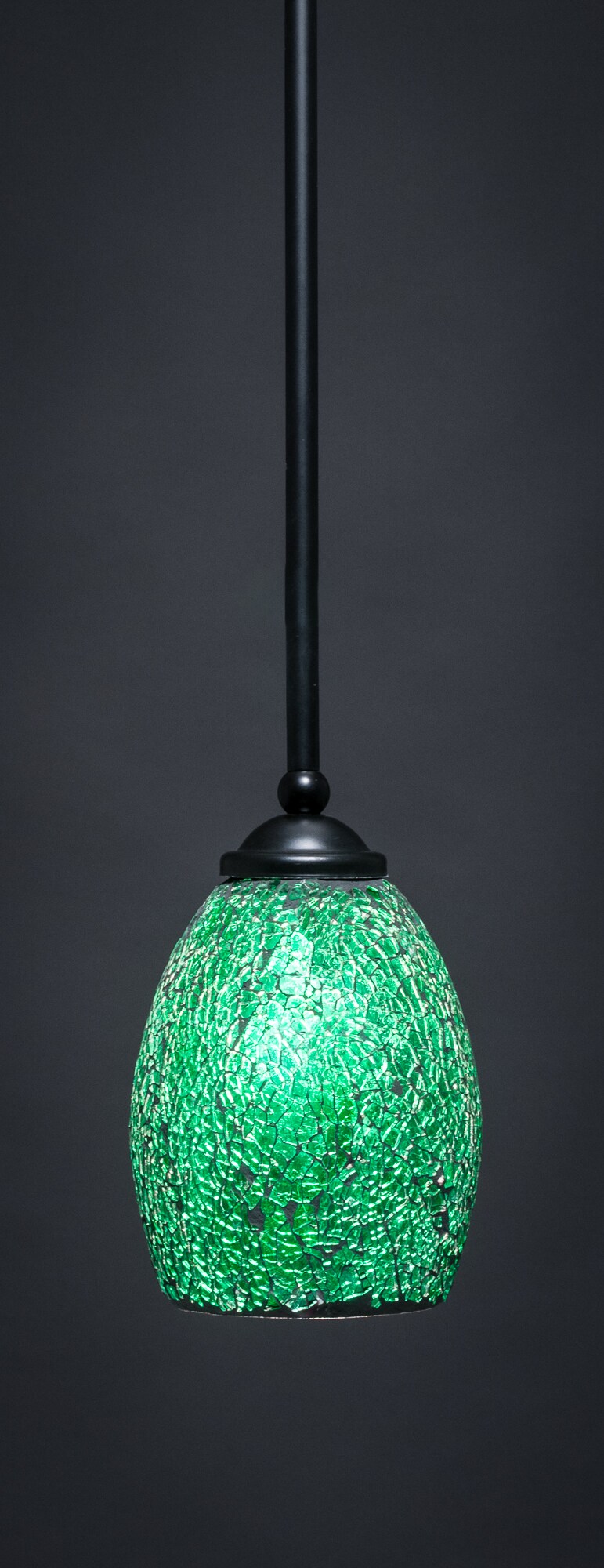 Zilo 1 Light Mini Pendant Shown In Matte Black Finish With 5 Green Fusion Glass