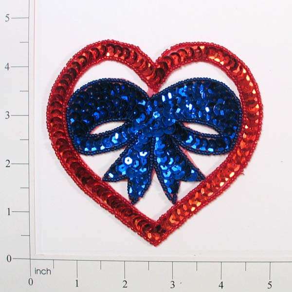 4 1/4" x 4 1/4" Heart With Bow Sequin Applique IronOns & Appliques