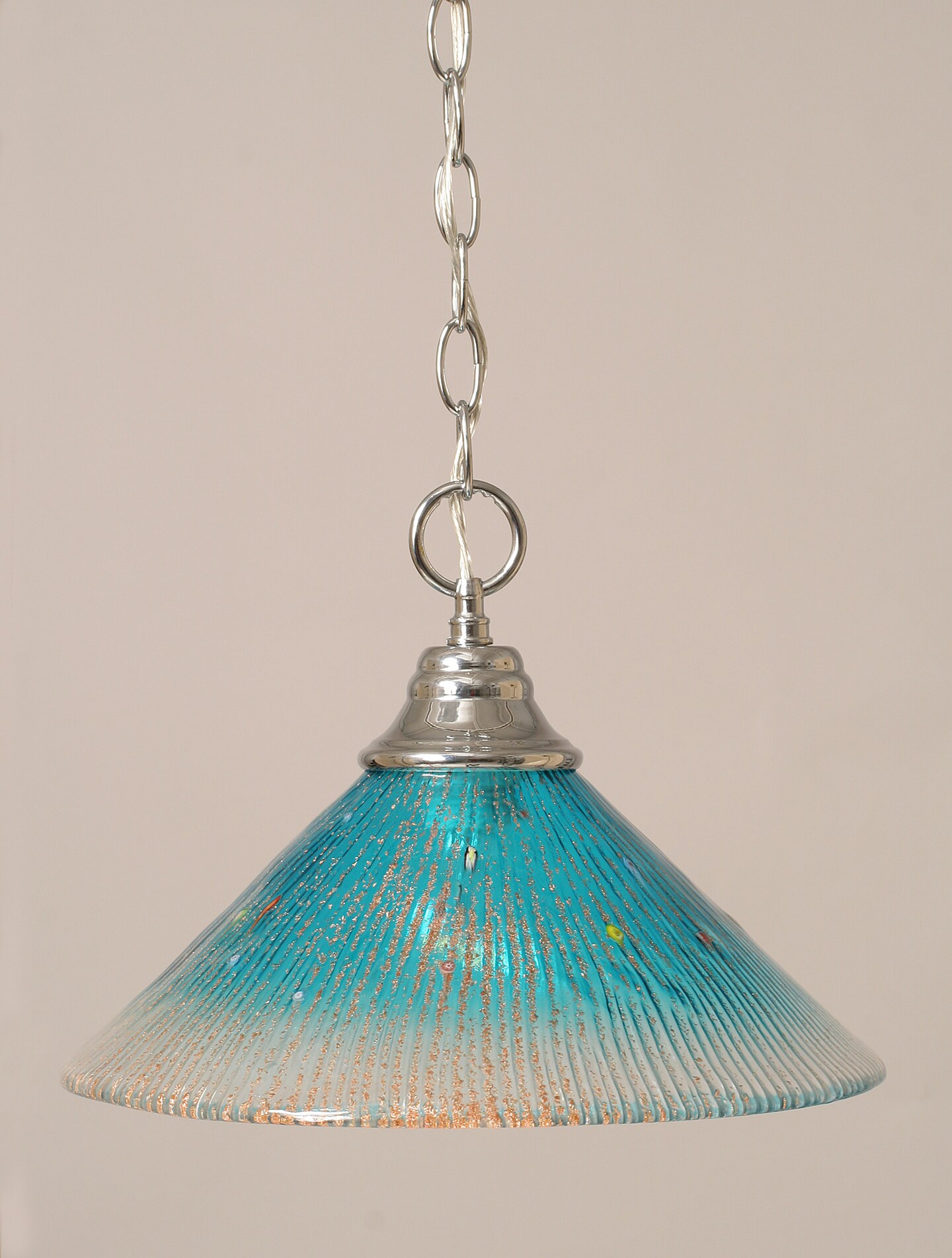 Chain Hung Pendant Shown In Chrome Finish With 12 Teal Crystal Glass