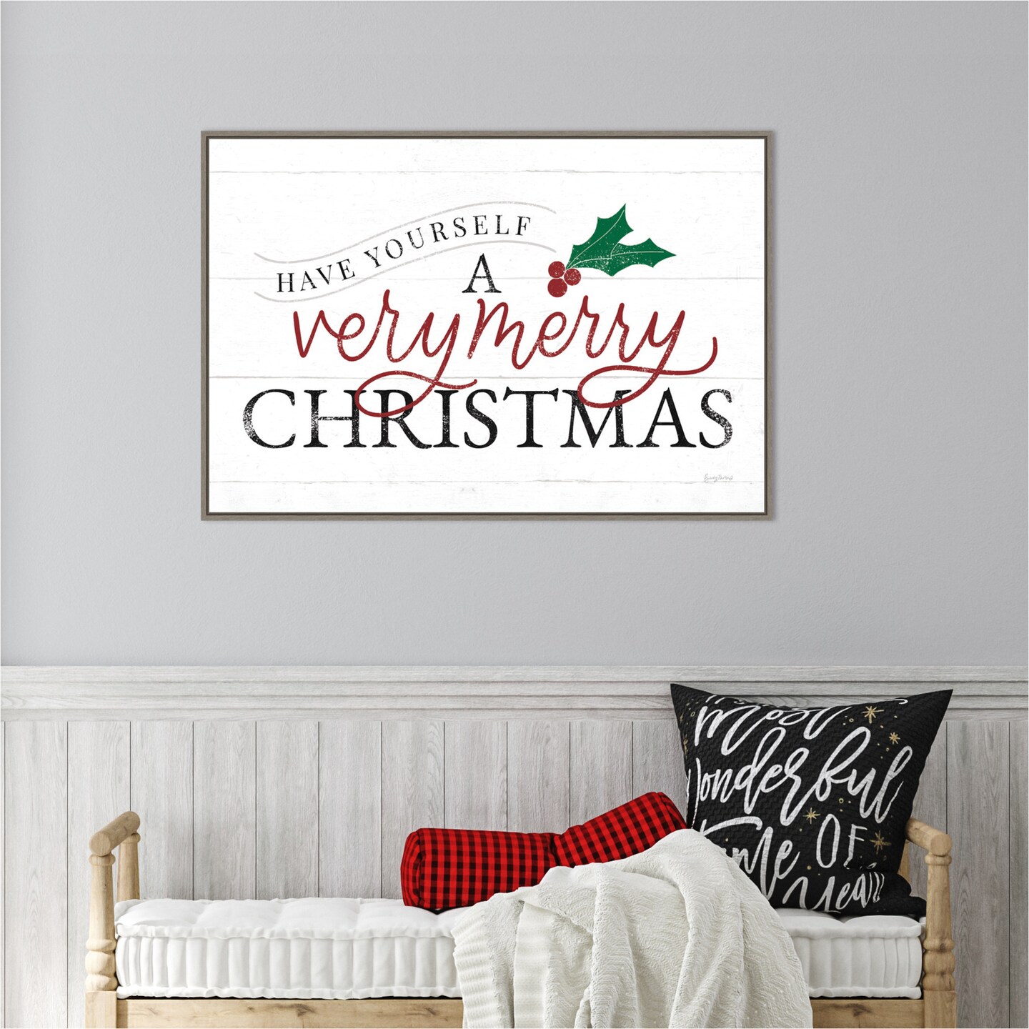 Vintage Christmas IV RG by Becky Thorns 33-in. W x 23-in. H. Canvas Wall Art Print Framed in Grey