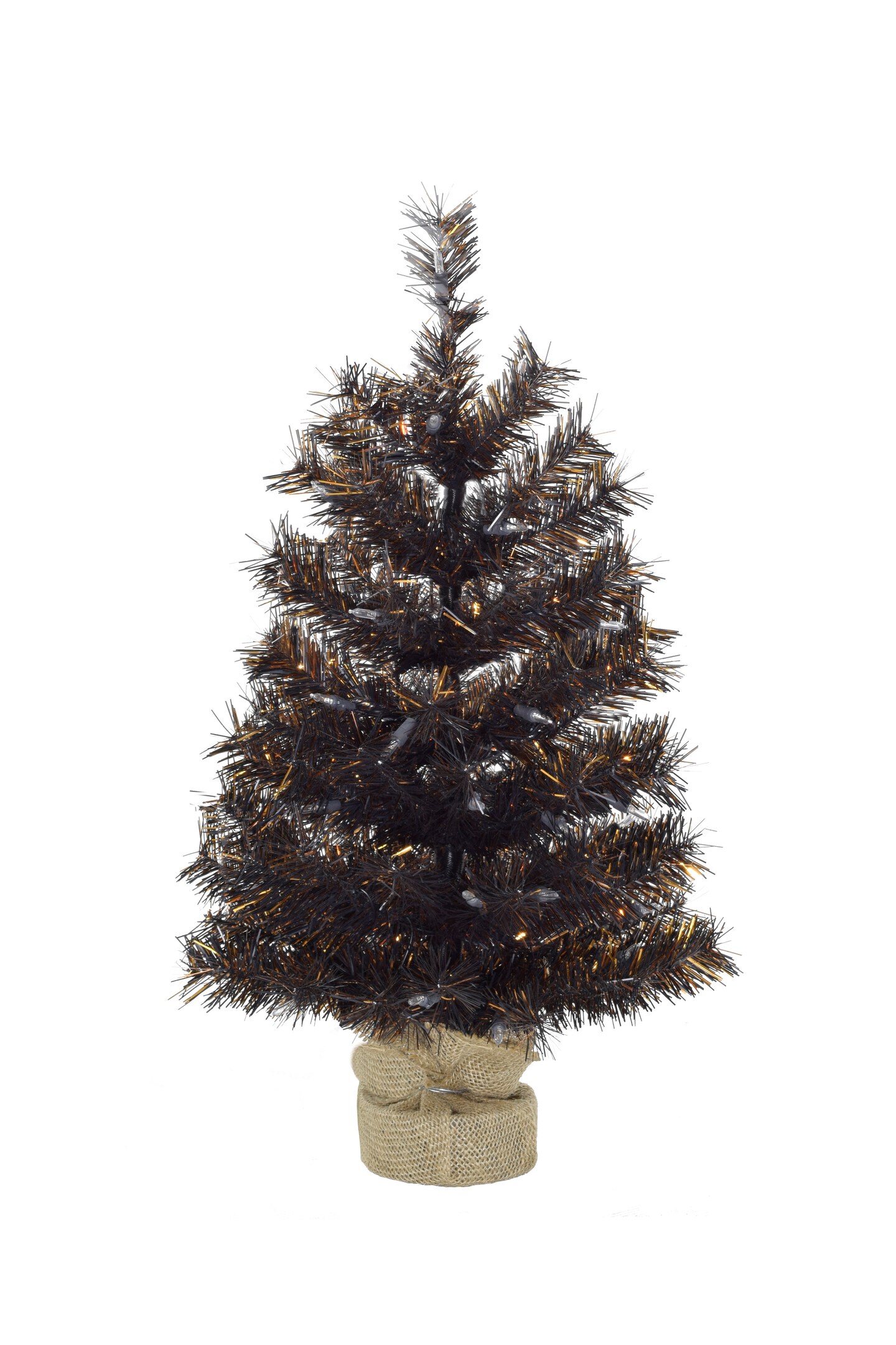Perfect Holiday 24" Pre-Lit Tabletop Matte Black Gold Tinsel Halloween Tree With Burlap Base