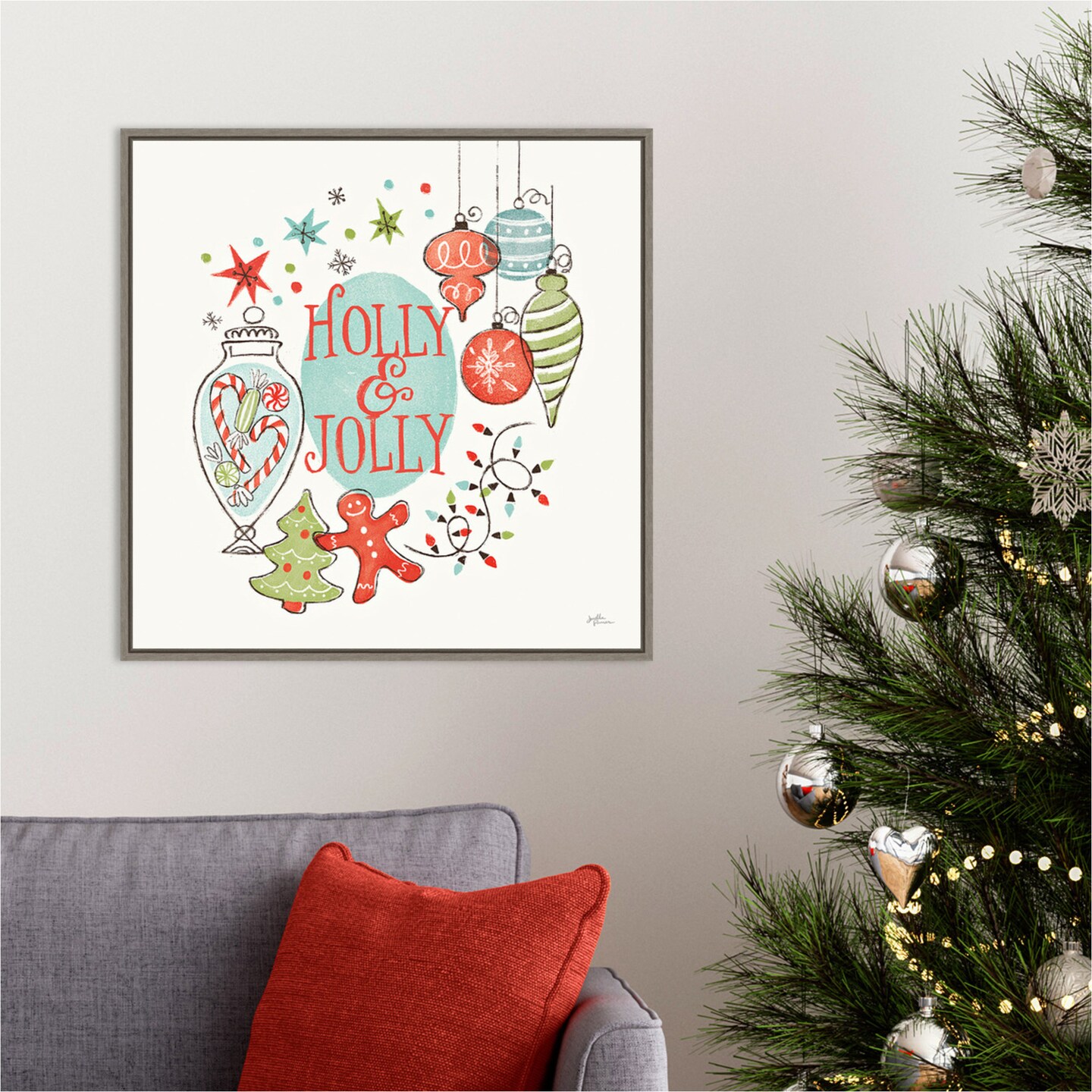 Retro Christmas IV by Janelle Penner 22-in. W x 22-in. H. Canvas Wall Art Print Framed in Grey