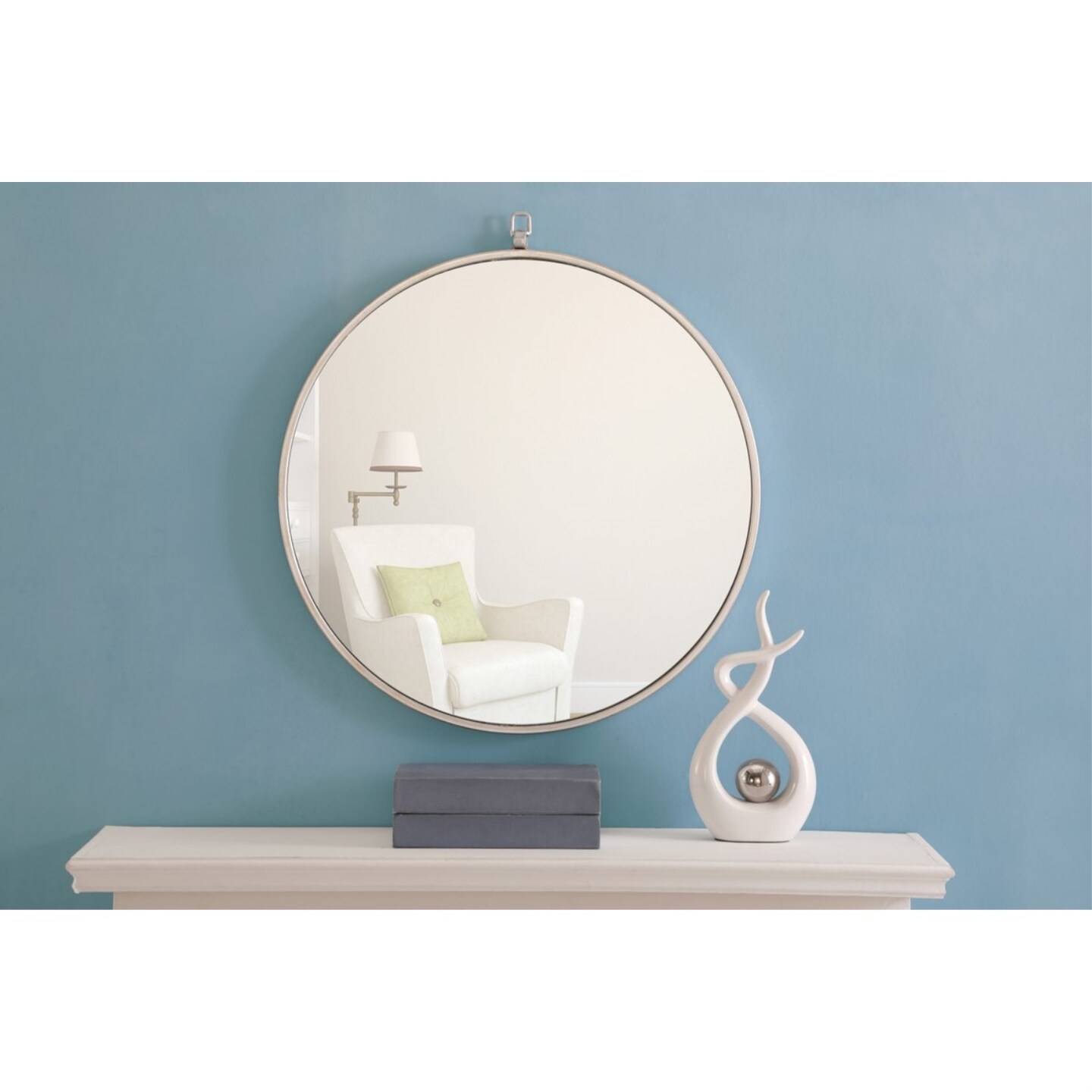 Metal frame Round Mirror with decorative hook 24 inch Silver finish
