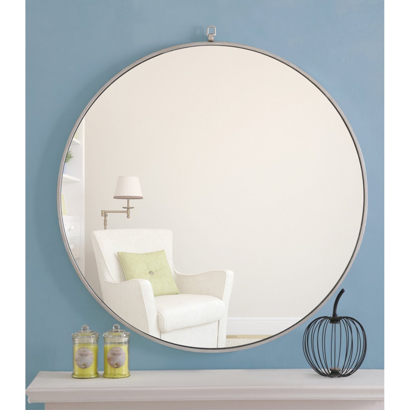 Metal frame Round Mirror with decorative hook 36 inch Silver finish