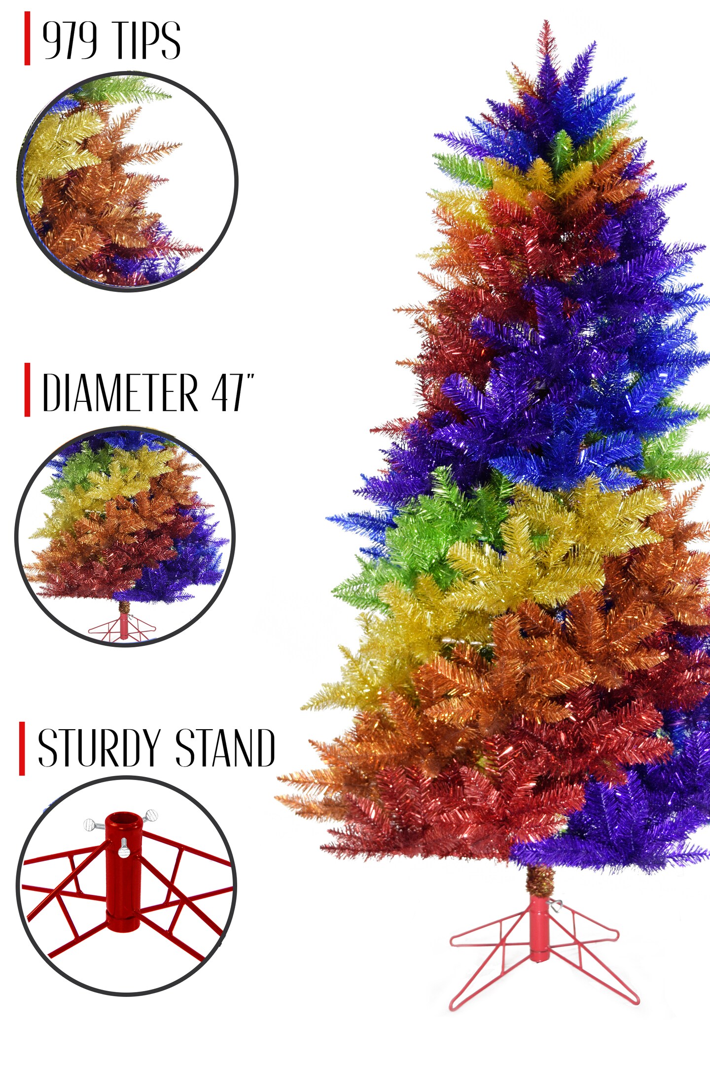 Perfect Holiday Rainbow Spruce Christmas Tree With Red Metal Stand