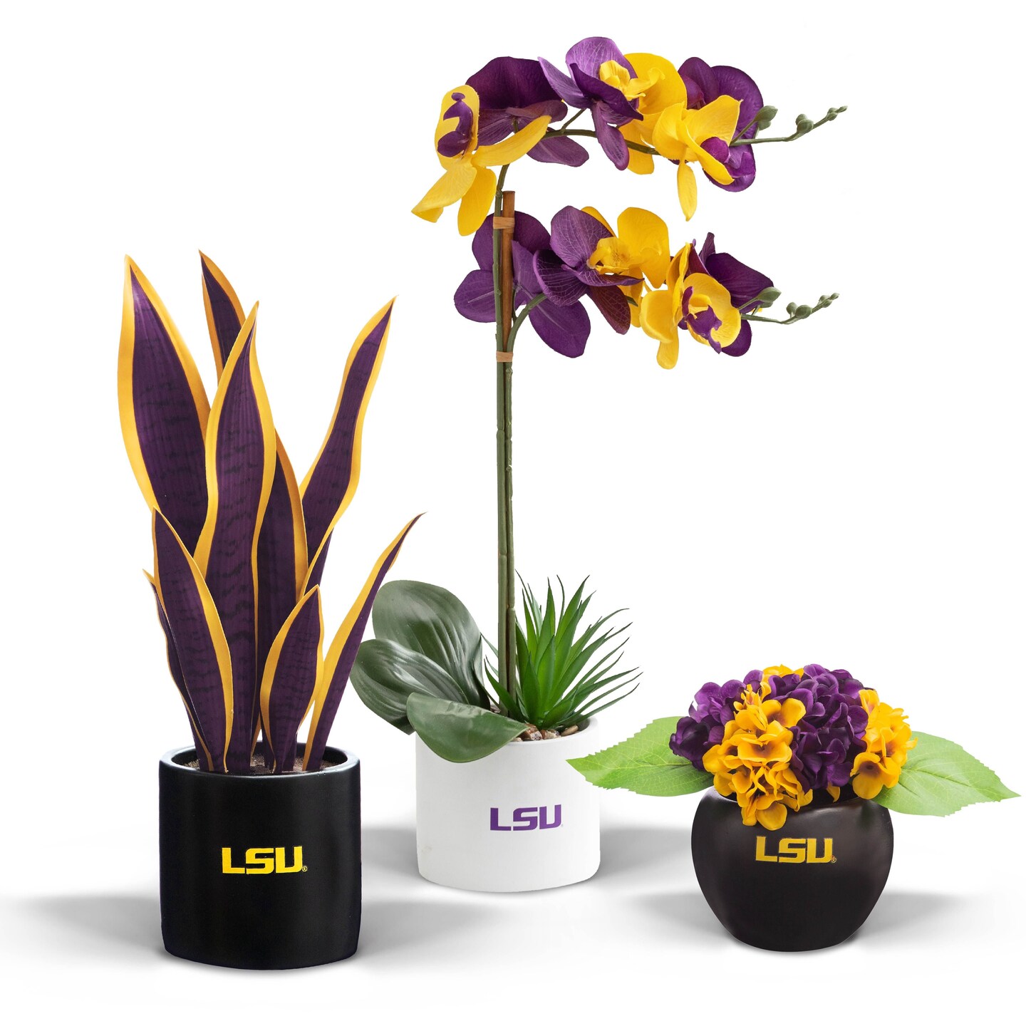 LSU Faux Snake Plant, Hydrangea and Orchid (3 Pack) - Ultimate Fan Gift Bundle