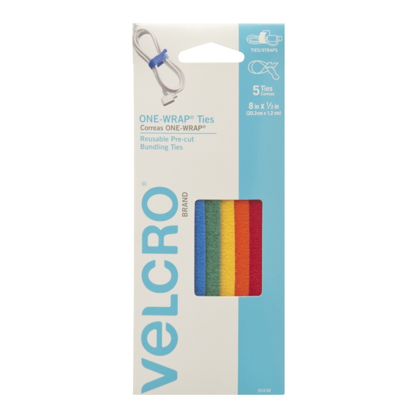 VELCRO Brand ONEWRAP Ties, 8 x 1/2 Inches, Multicolor, Pack of 5