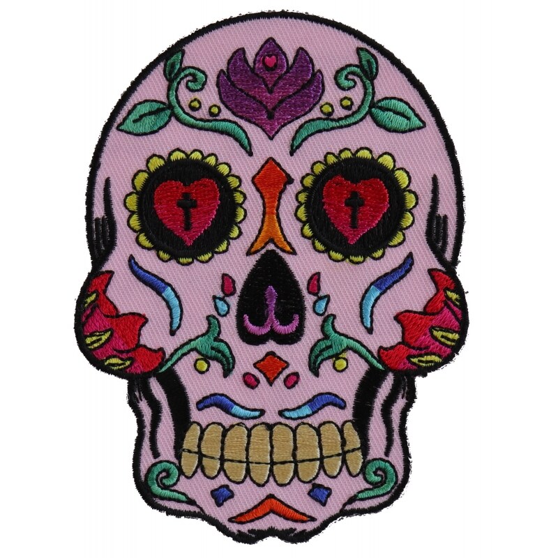 Patch, Embroidered Patch (Iron-On or Sew-On), Sugar Skull Day of the Dead Pink Background, 4&#x22; x 3.5&#x22;