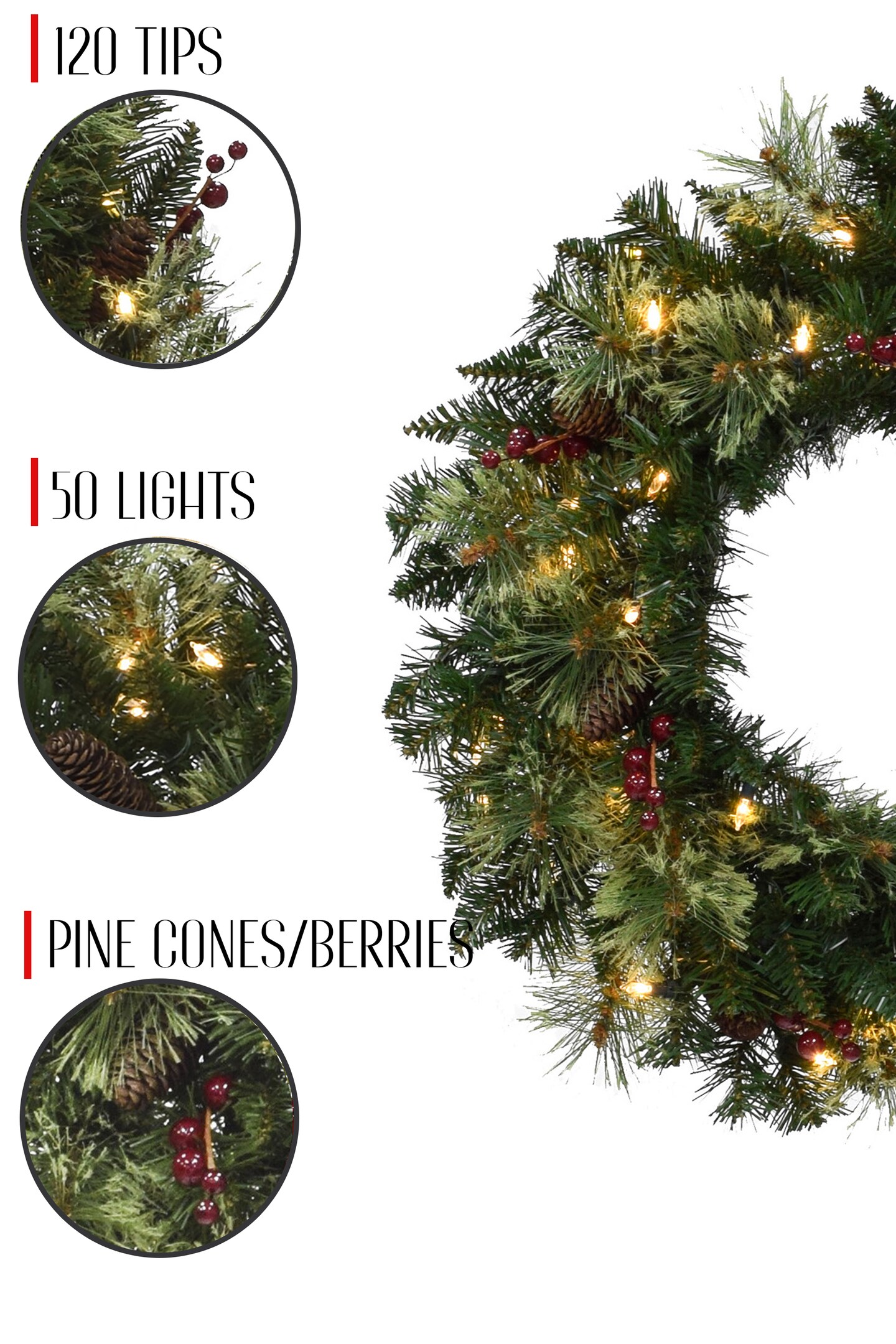 Perfect Holiday 24" Pre-lit Jasper Mixed Pine Wreath With Pine Cones And Red Berry Clusters