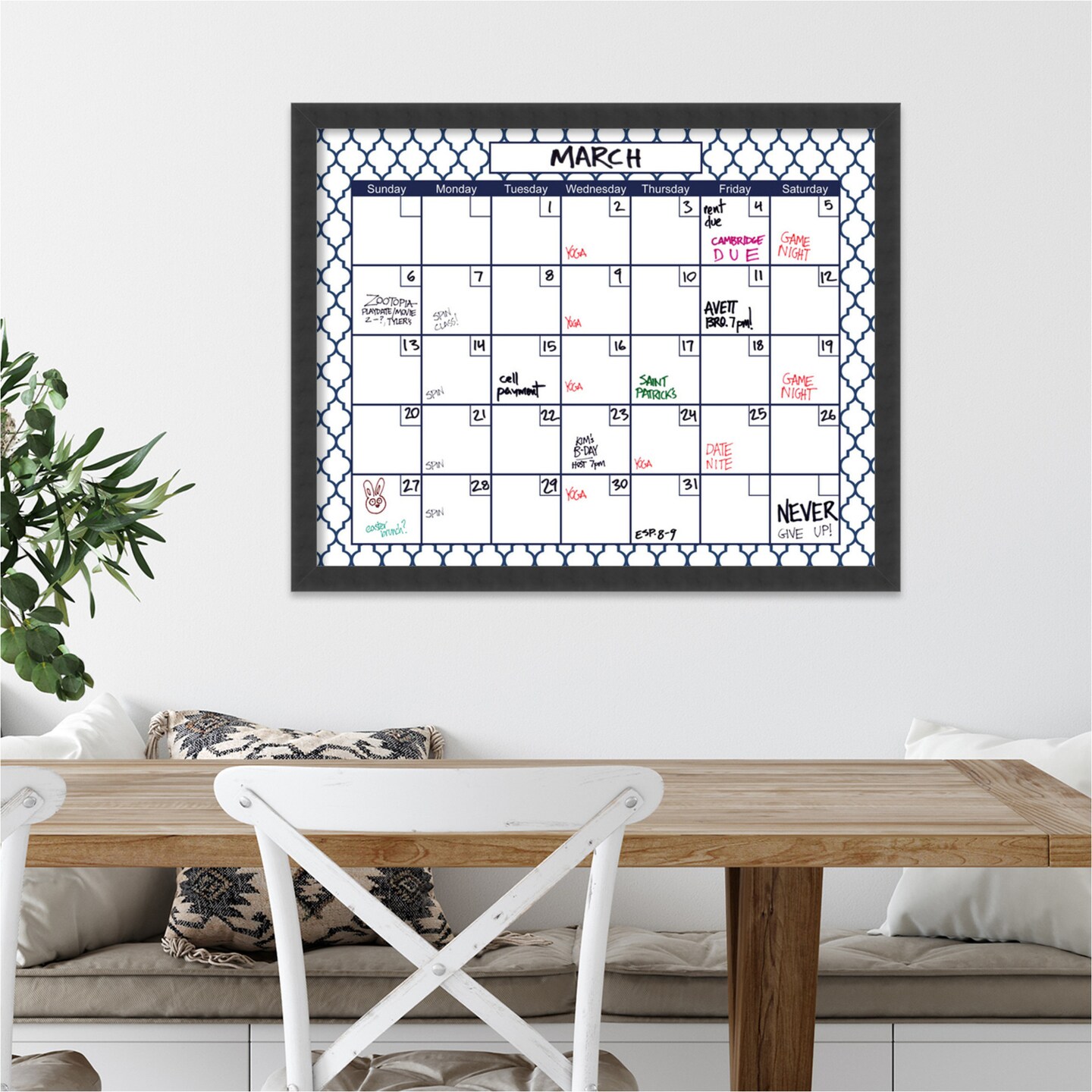 Glass Dry Erase Board Large, Blue Quatrefoil Calendar Framed