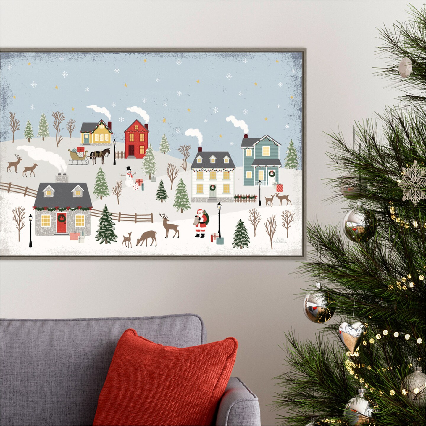 Christmas Village II Day by Laura Marshall 33-in. W x 23-in. H. Canvas Wall Art Print Framed in Grey