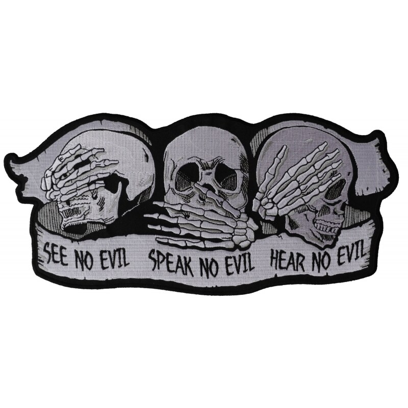 Large Back Patch, Embroidered Patch (Iron-On or Sew-On), See No Evil Speak No Evil Hear No Evil Skulls Large Back Patch, 11" x 5"