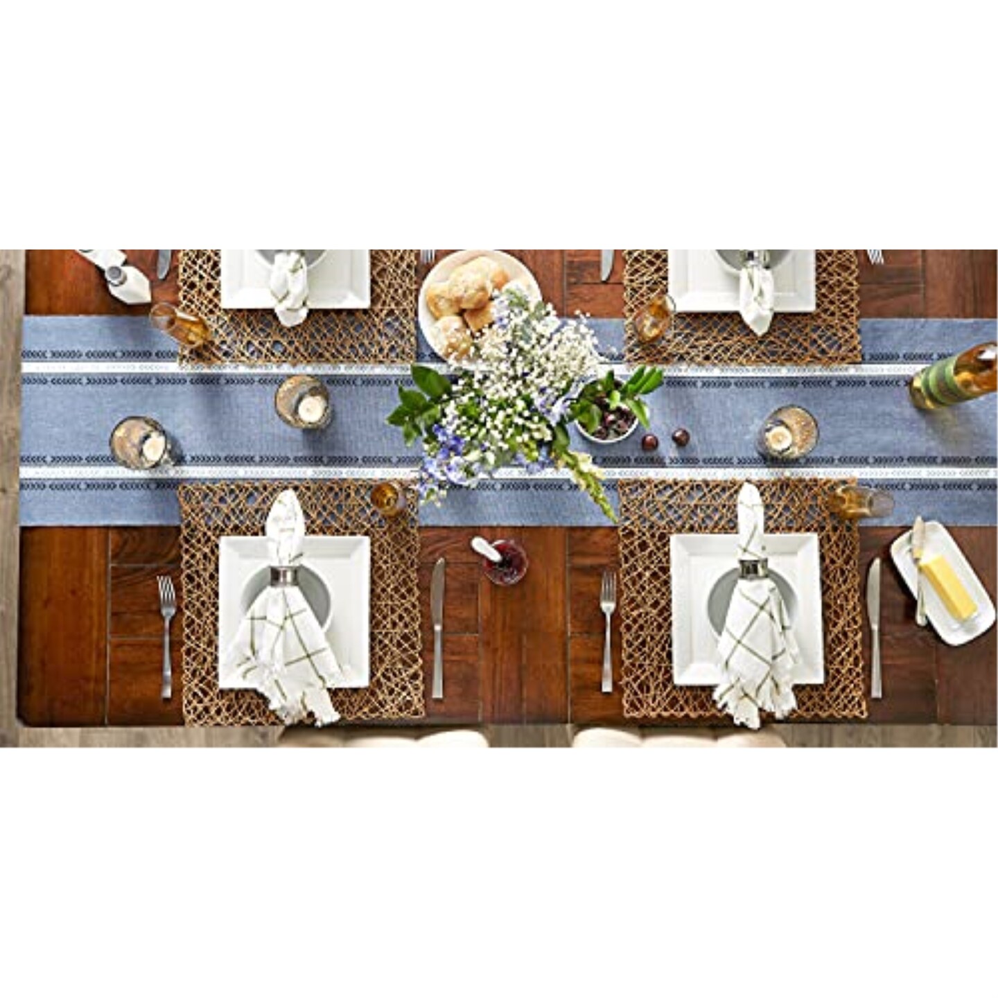 DII French Blue Dobby Striped Fringe Ribbed Table Runner 14x72