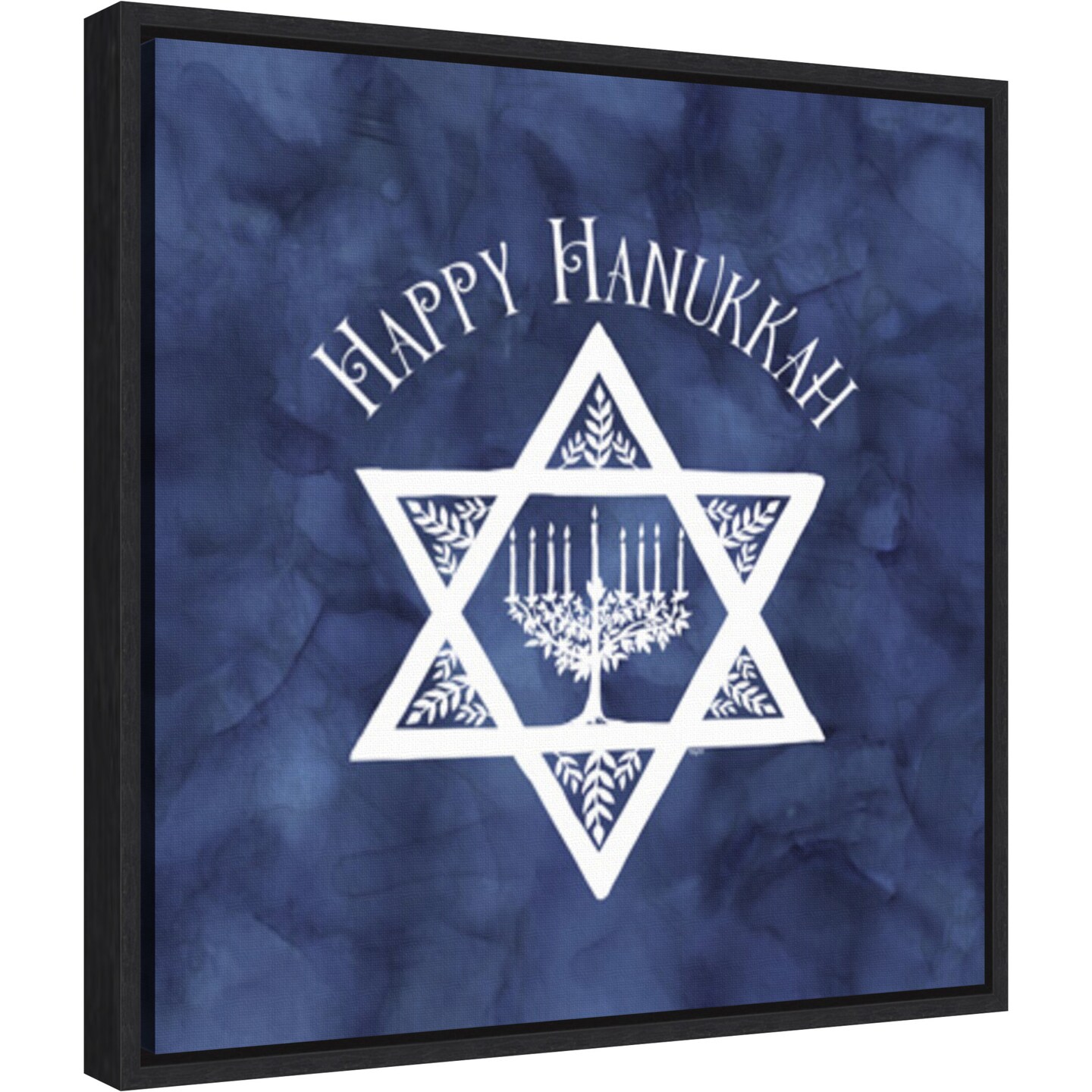 Festival of Lights blue III-Happy Hanukkah by Tara Reed 16-in. W x 16-in. H. Canvas Wall Art Print Framed in Black