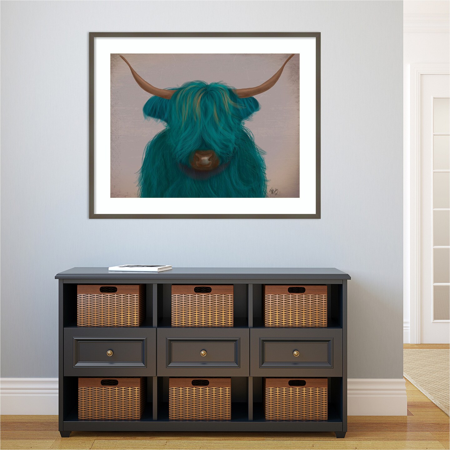 Highland Cow Portrait 3 by Fab Funky Wood Framed Wall Art Print 41 in. W x 33 in. H