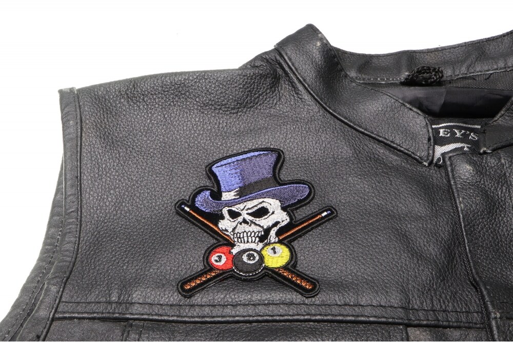 Patch, Embroidered Patch (Iron-On or Sew-On), Pool Shark Skull With Top Hat Crossed Cue Sticks, 3.5&#x22; x 4&#x22;