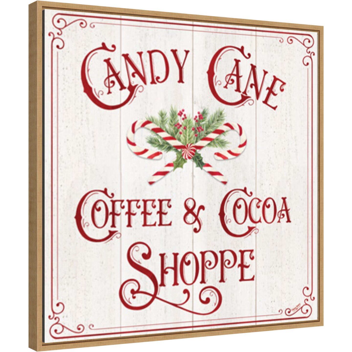 Vintage Christmas Signs I-Candy Cane Coffee by Tara Reed 22-in. W x 22-in. H. Canvas Wall Art Print Framed in Natural