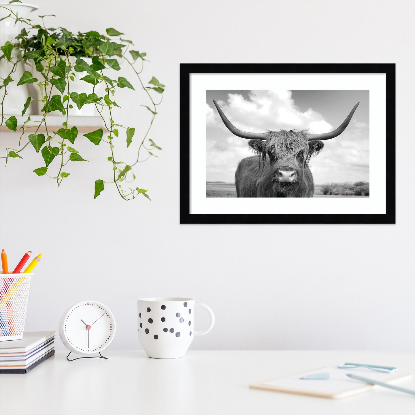Highland Cow On the Ranch by Andre Eichman Wood Framed Wall Art Print