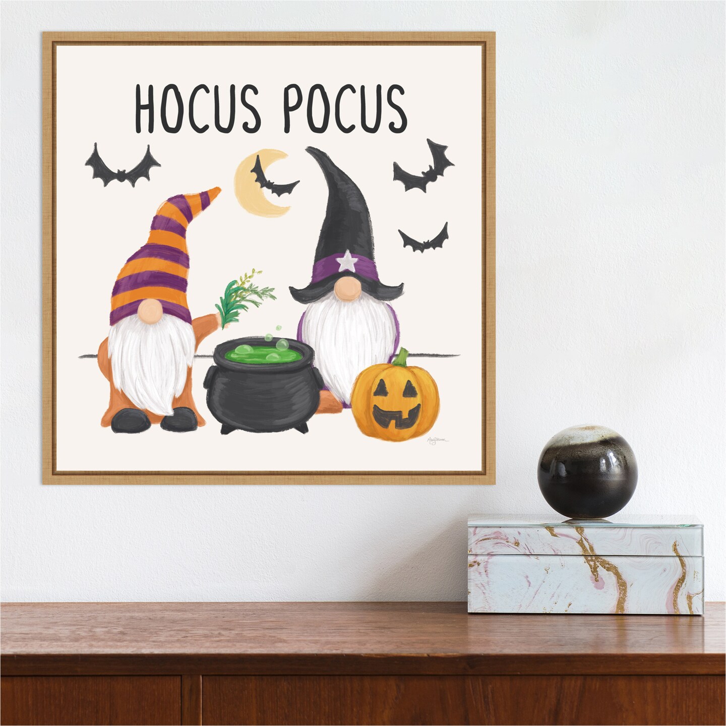 Halloween Gnomes II by Mary Urban 16-in. W x 16-in. H. Canvas Wall Art Print Framed in Natural