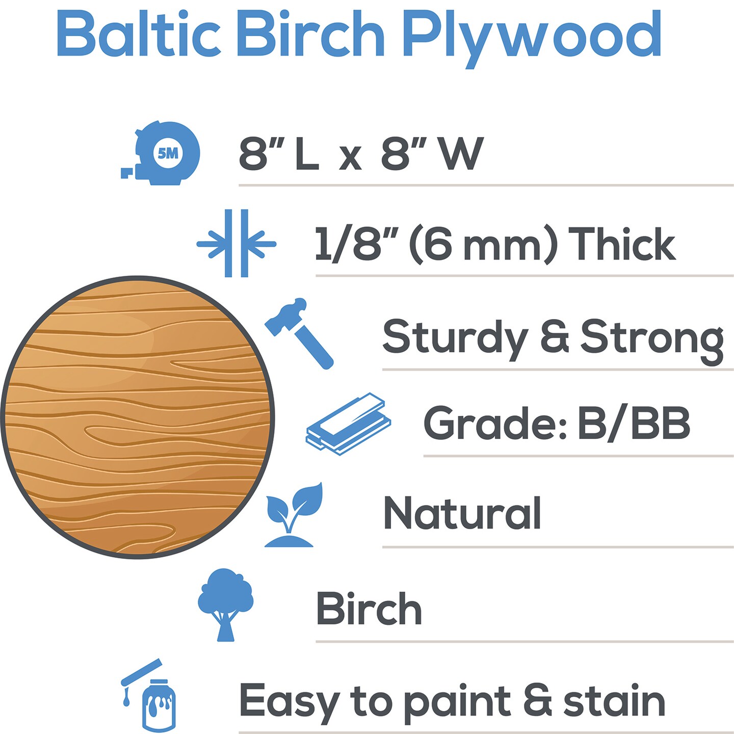 Baltic Birch Plywood, 8 x 8 Inch, B/BB Grade Sheets, 1/4 or 1/8 Inch Thick, Woodpeckers