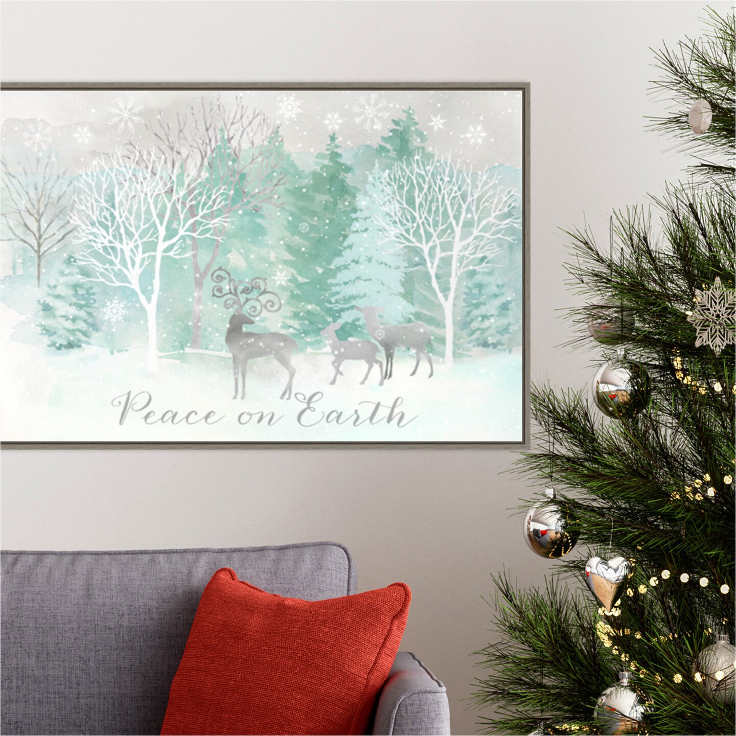Peace on Earth Silver landscape by Cynthia Coulter 33-in. W x 23-in. H. Canvas Wall Art Print Framed in Grey