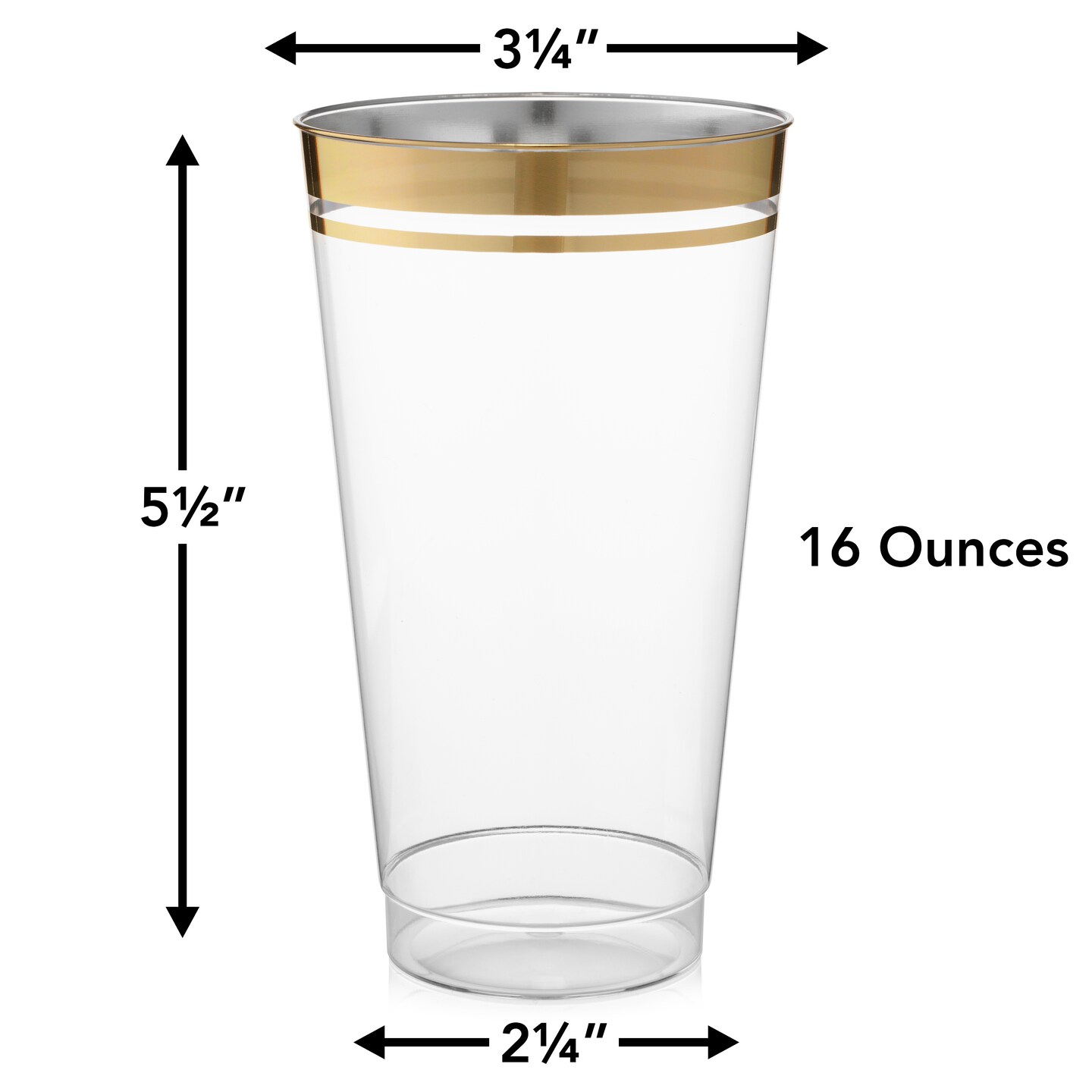 100 Pk 16 oz Clear Plastic Cups | Gold Rimmed Disposable Cups