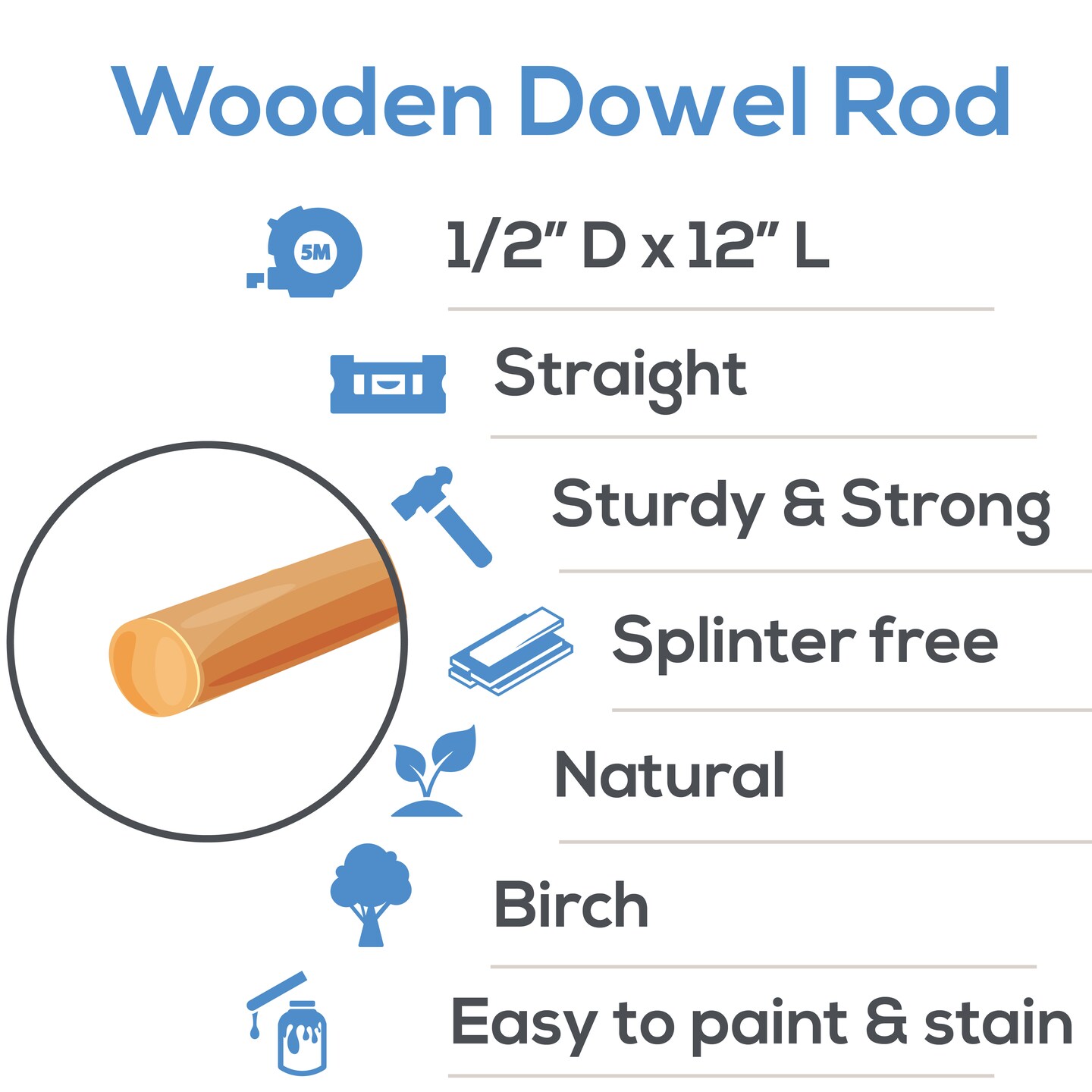 Wooden Dowel Rods 1/2 inch Thick, Multiple Lengths, Unfinished Sticks