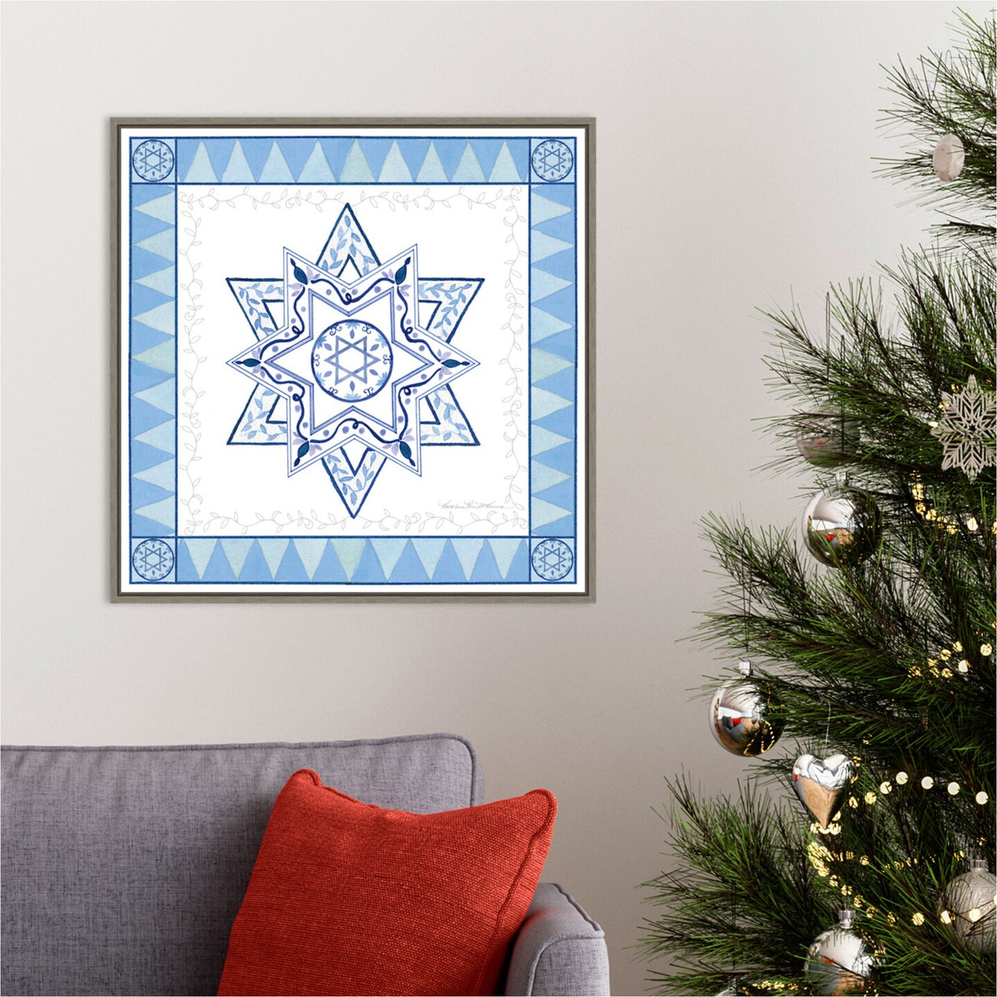 Celebrating Hanukkah I by Kathleen Parr McKenna 22-in. W x 22-in. H. Canvas Wall Art Print Framed in Grey