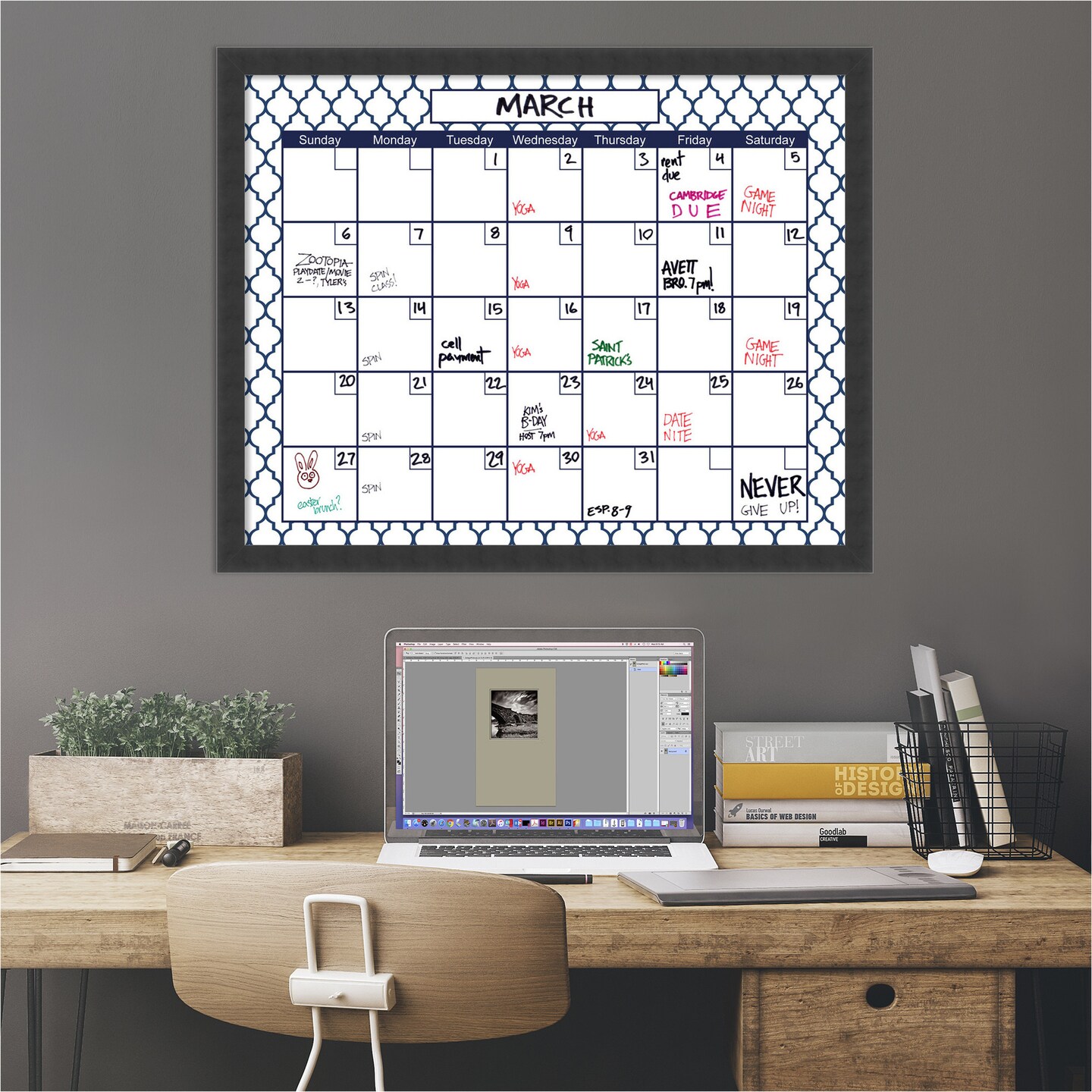 Glass Dry Erase Board Large, Blue Quatrefoil Calendar Framed