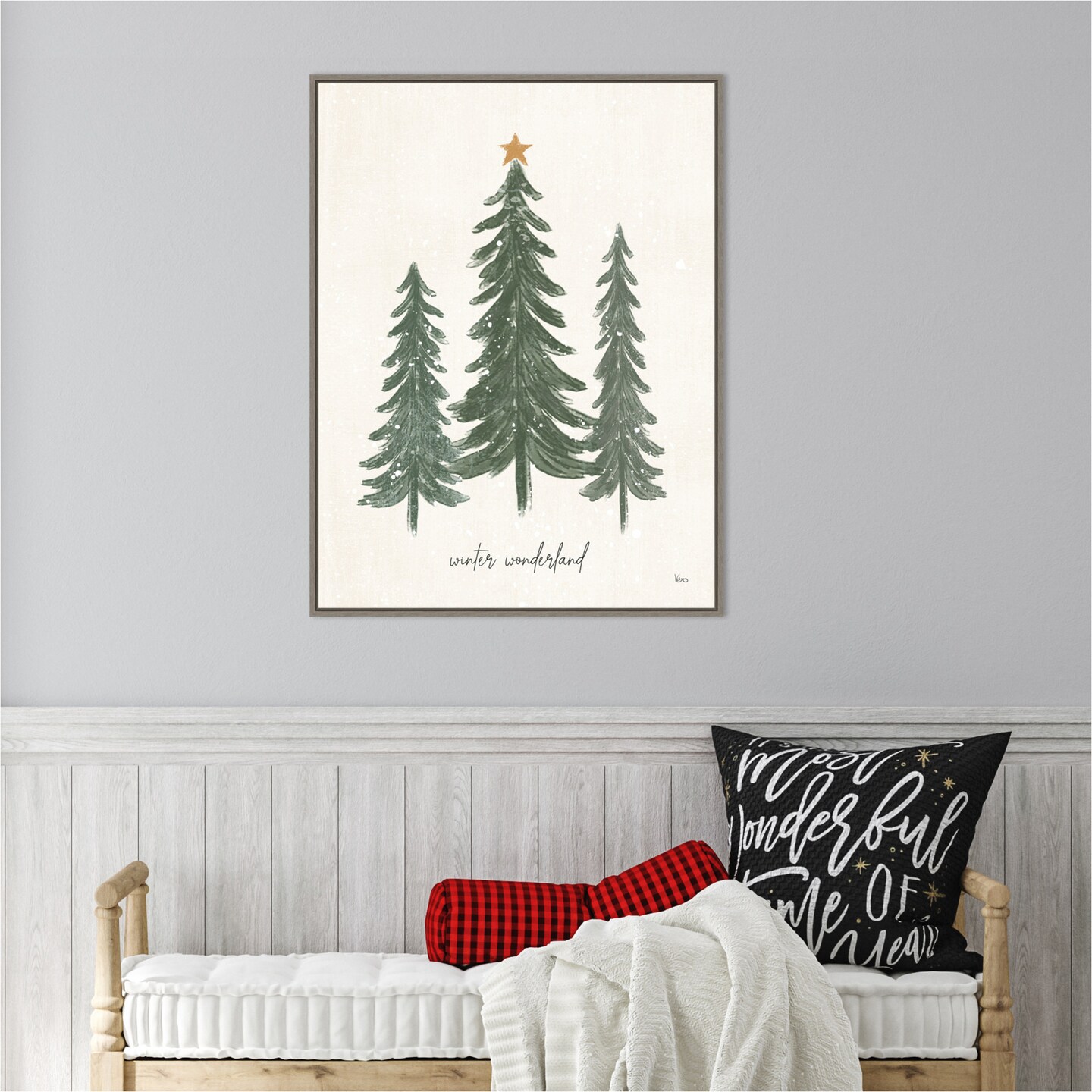 Woodland Christmas Trees by Veronique Charron 23-in. W x 30-in. H. Canvas Wall Art Print Framed in Grey