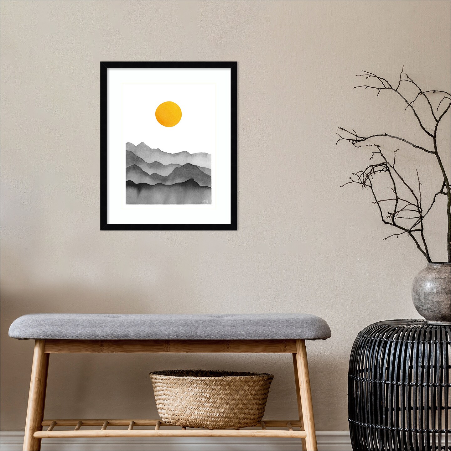 Black Yellow Mountain Range Silhouette by Cat Coquillette Wood Framed Wall Art Print