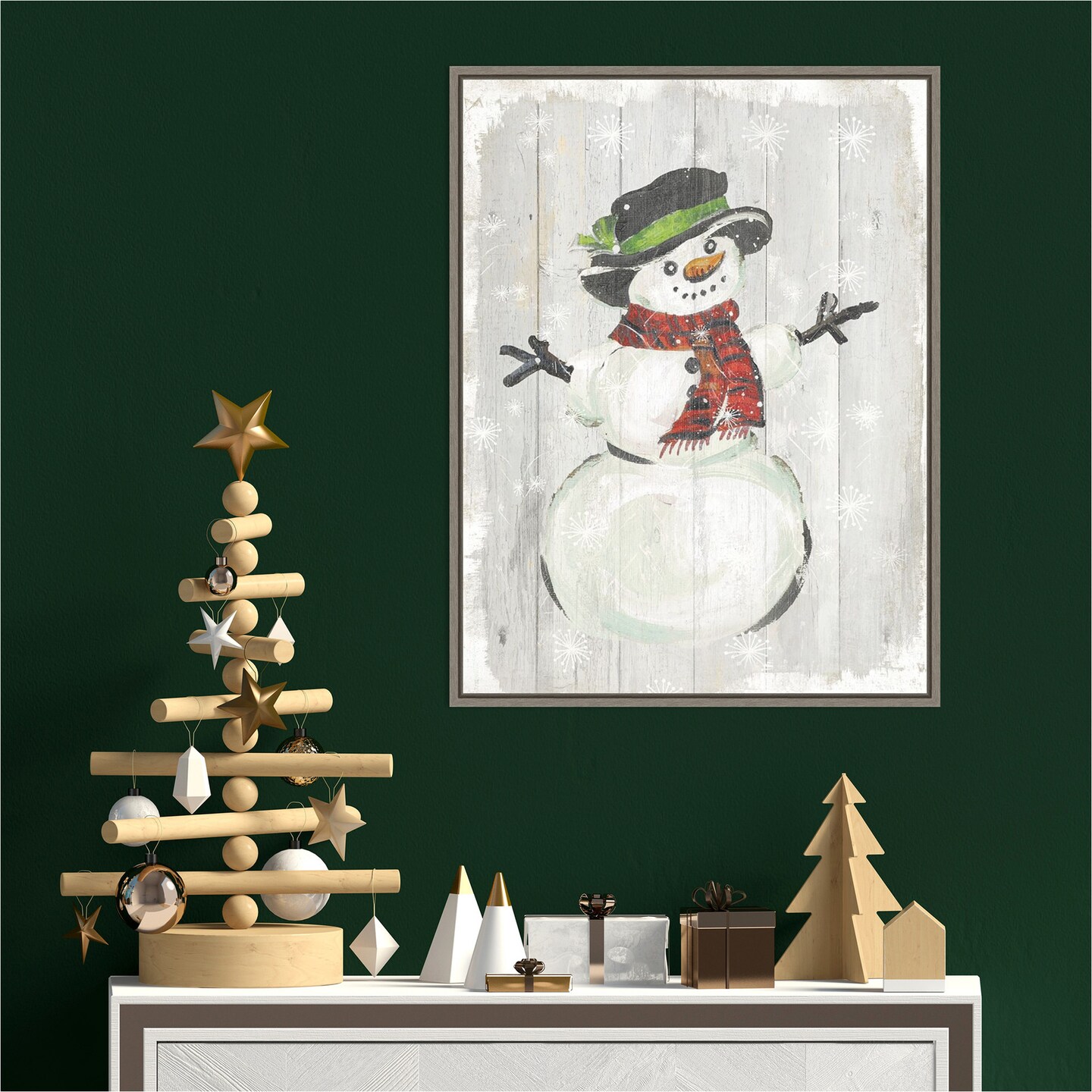 Holiday Snowman by PI Studio 18-in. W x 24-in. H. Canvas Wall Art Print Framed in Grey
