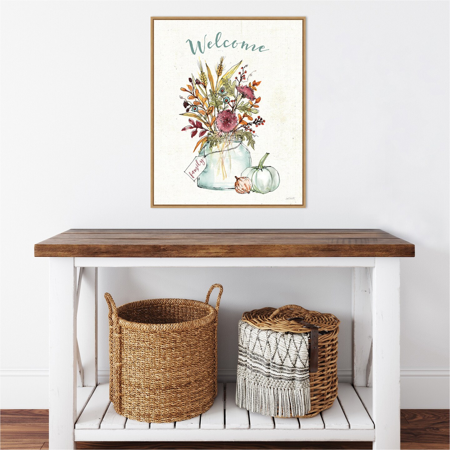 Festive Foliage III Welcome by Anne Tavoletti 23-in. W x 28-in. H. Canvas Wall Art Print Framed in Natural