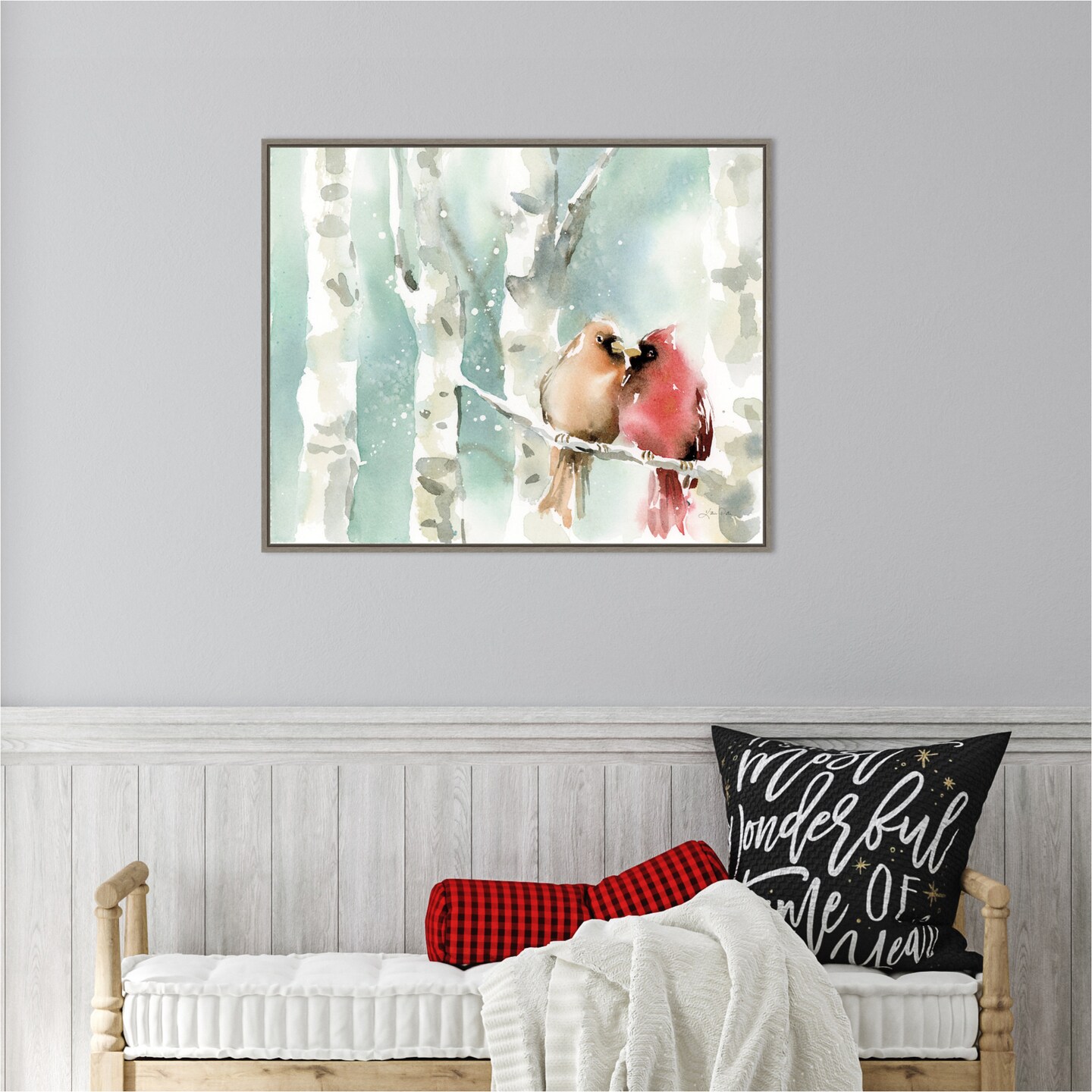 Christmas Cardinals by Katrina Pete 28-in. W x 23-in. H. Canvas Wall Art Print Framed in Grey