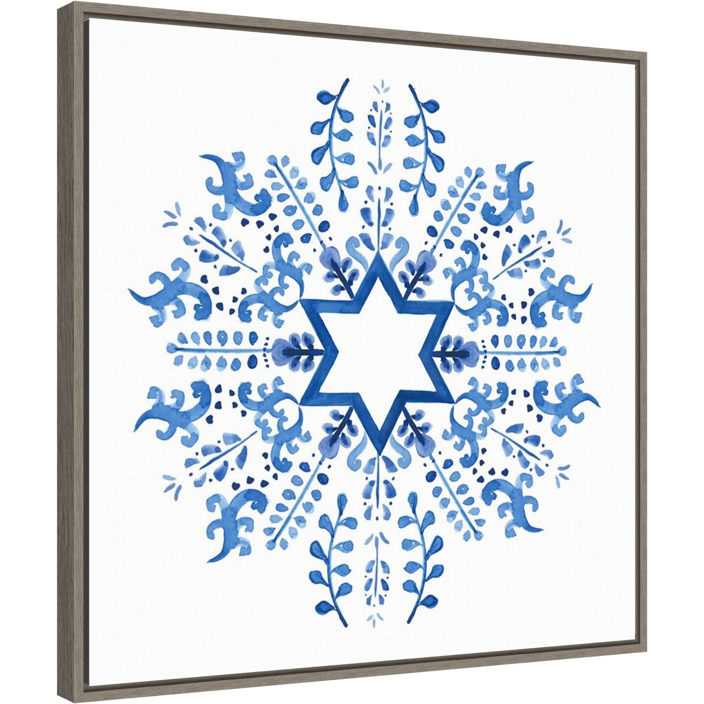 Indigo Hanukkah II by Victoria Borges 22-in. W x 22-in. H. Canvas Wall Art Print Framed in Grey